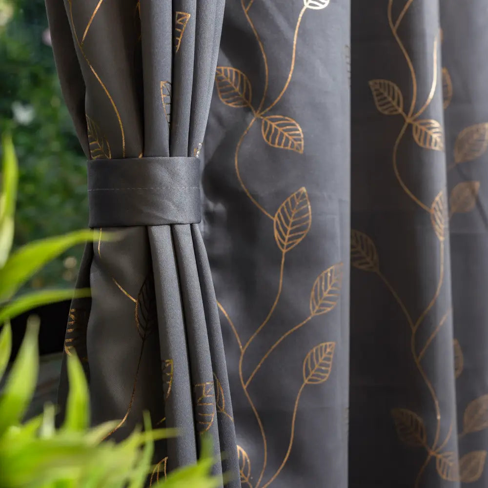 Urban Space -Home Furnishing Store Gold Foil Printed 80-85% Blackout Curtains - Pack of 1 - Leaf- Grey - view 2