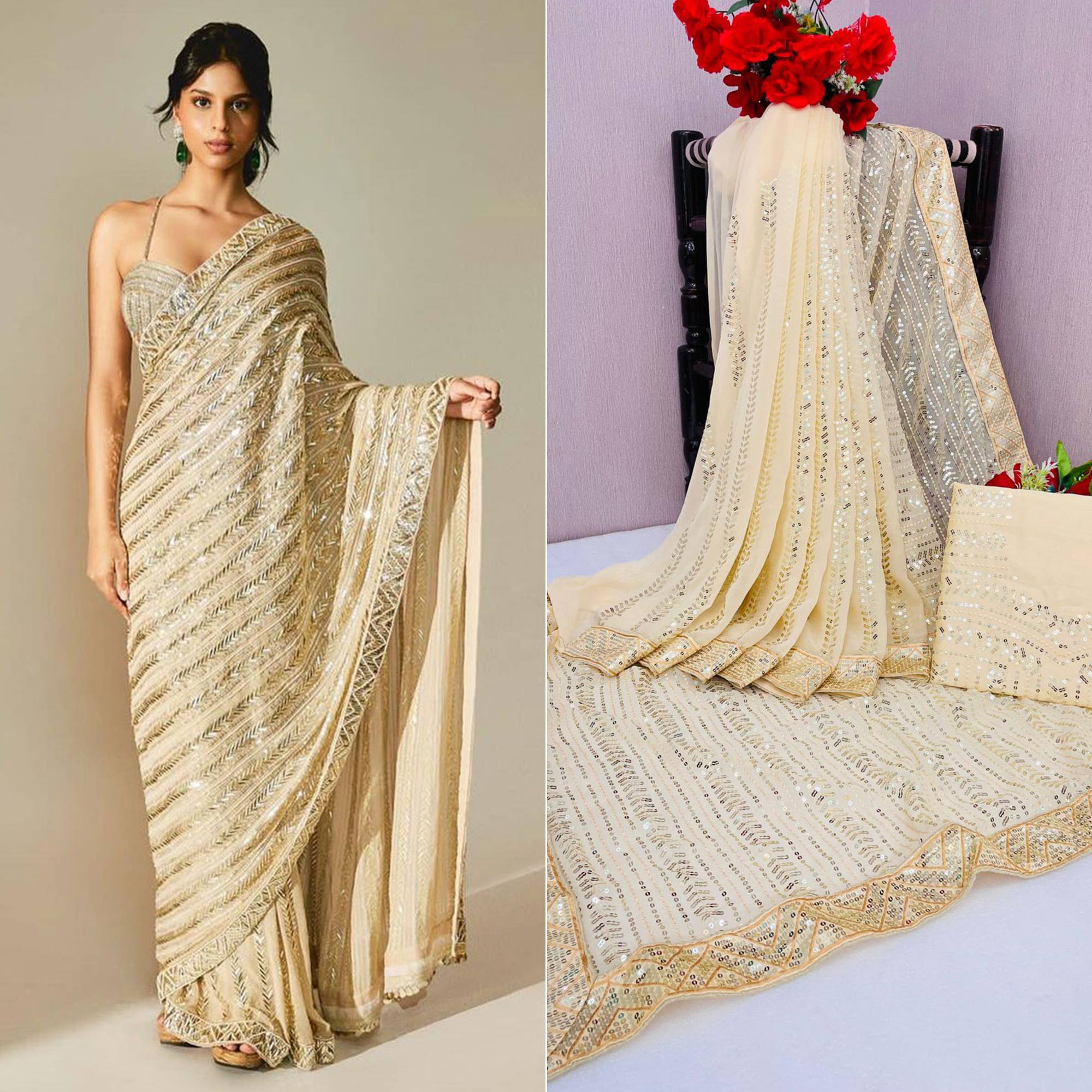 Peachmode Cream Sequins Embroidered Georgette Saree