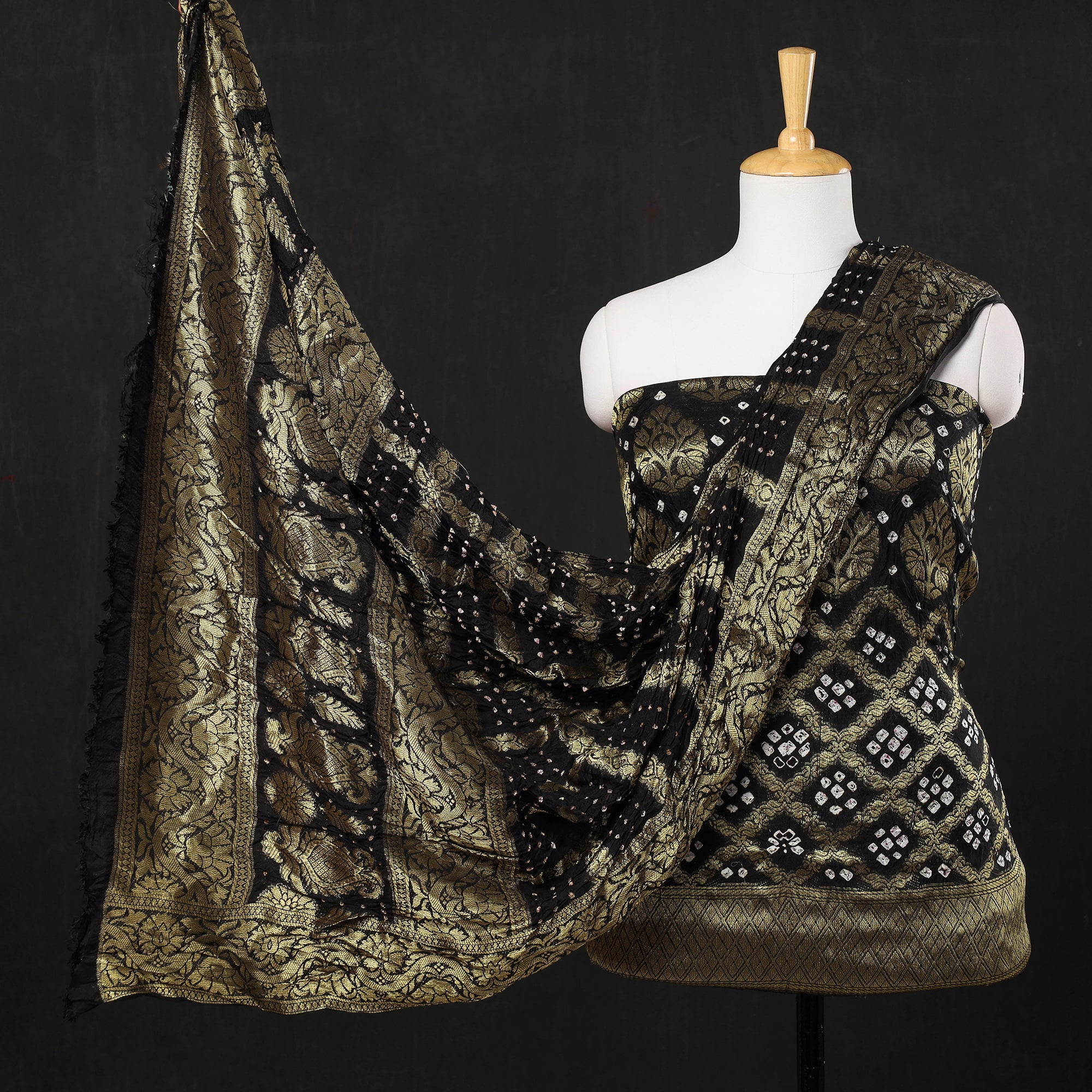 KACHCHH JI CHHAAP Brown - 3pc Kutch Bandhani Tie & Dye Jacquard Silk Heavy Zari Work Suit Material Set