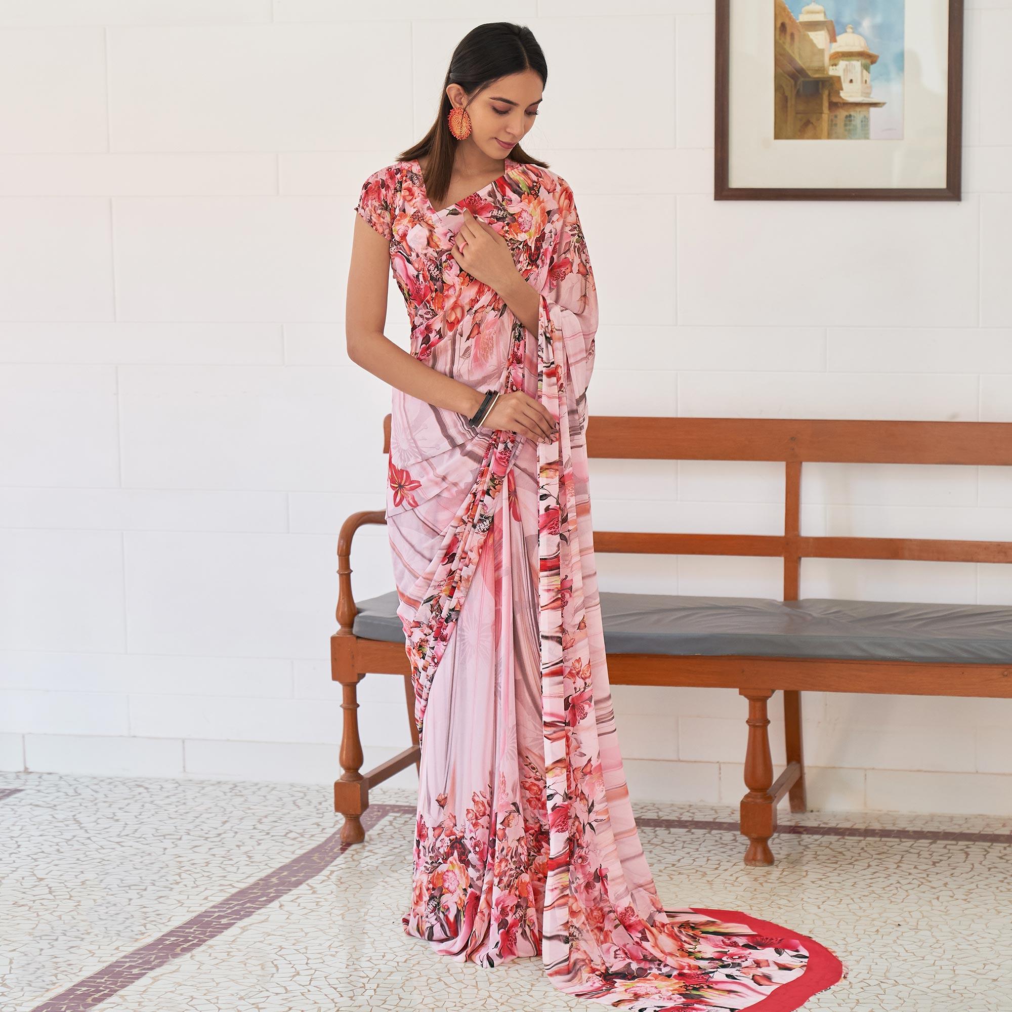 Peachmode Light Pink Casual Wear Digital Printed Satin Georgette Saree