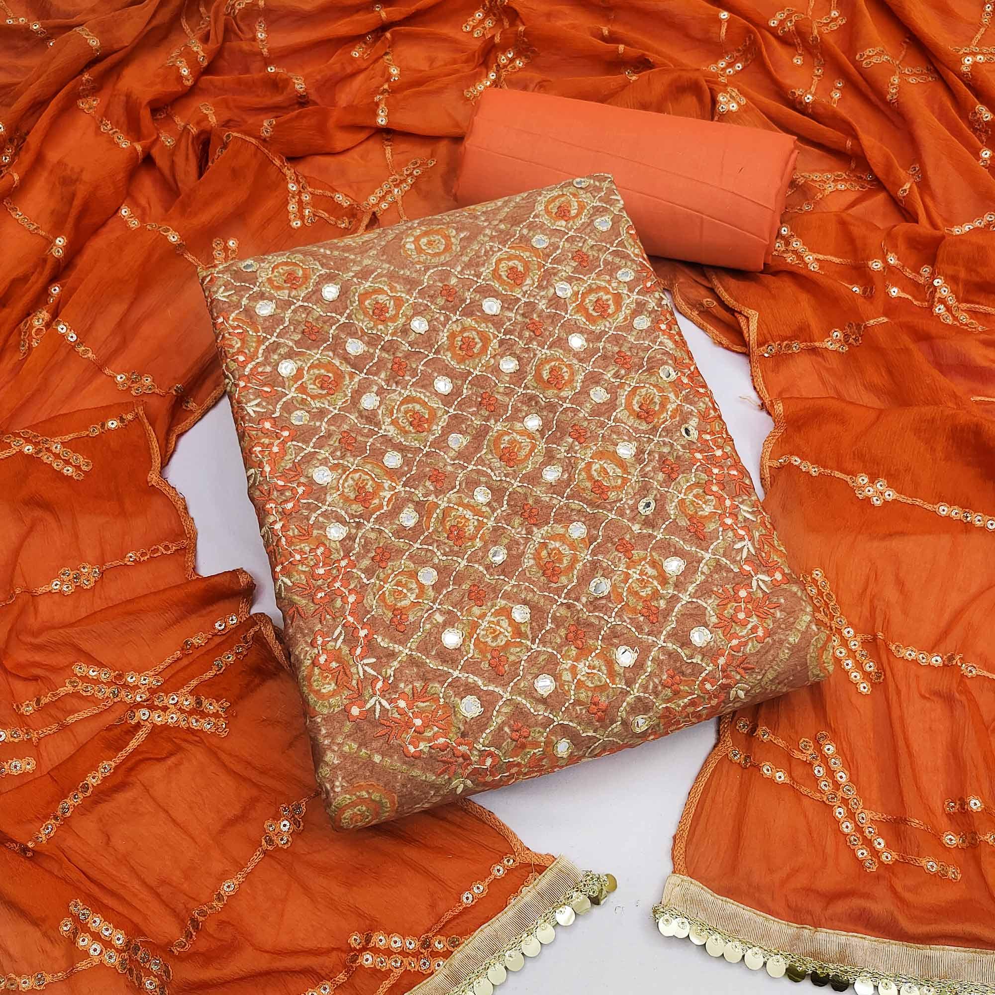 Peachmode Brown Embroidered With Embellished Cotton Blend Dress Material