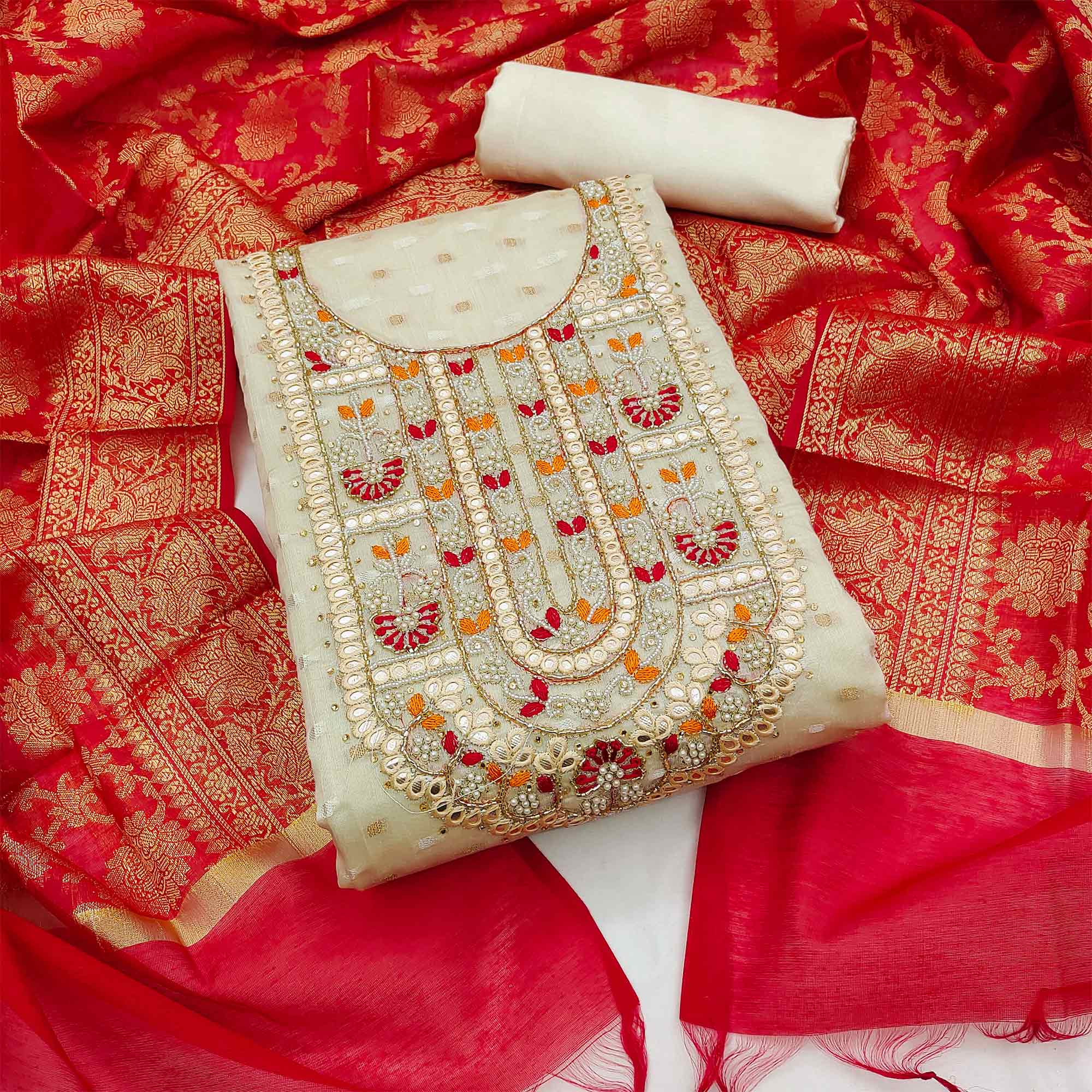 Peachmode Cream Woven With Handwork Banarasi Silk Dress Material
