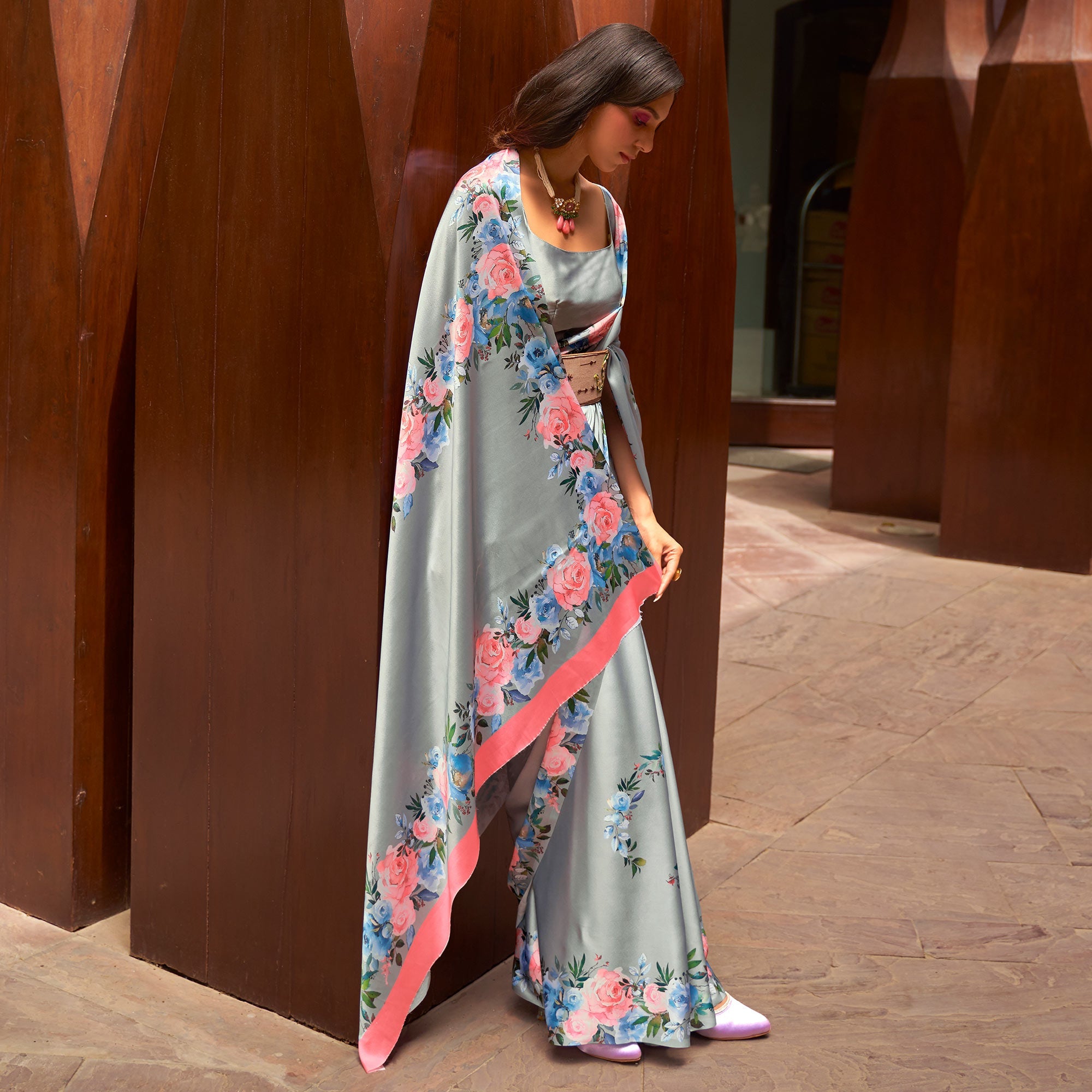BlackTree grey-floral-digital-printed-satin-saree - view 4