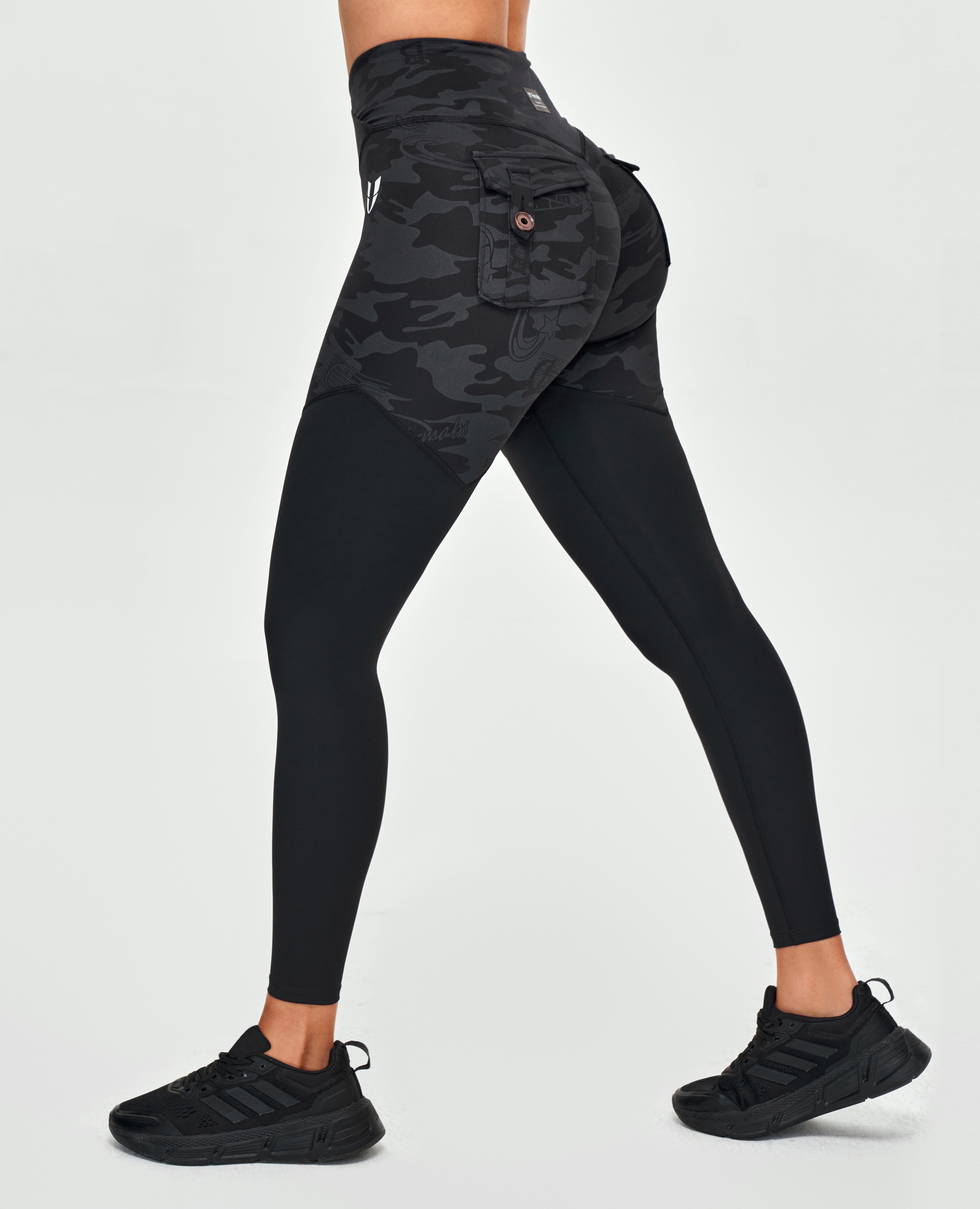 FIRM ABS V-waist Gym Leggings - Black Gray Camo - view 3