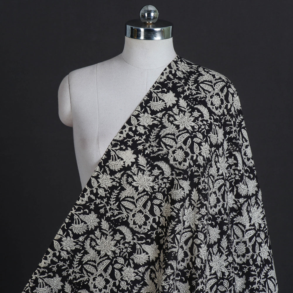 KUSUMLATA Black with White Block Printed Cotton Bagru Fabric 08