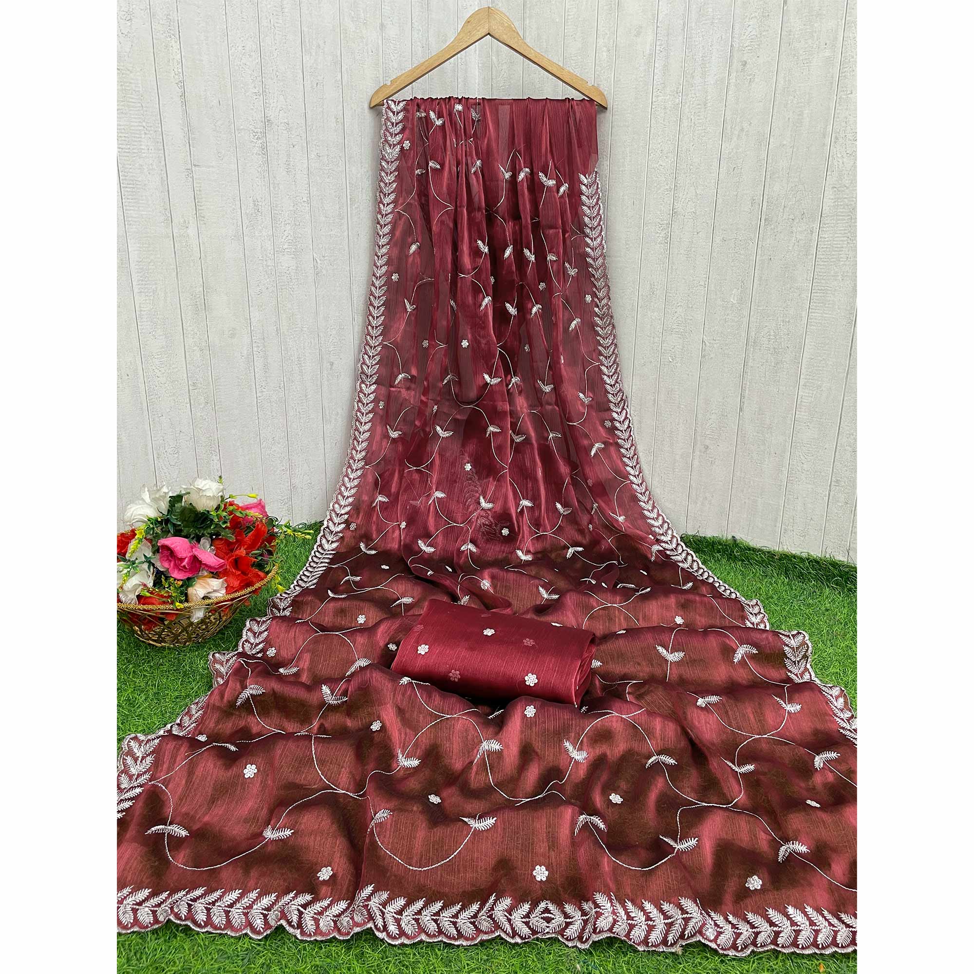 Peachmode Maroon Sequins Embroidered Chiffon Silk Saree - view 3