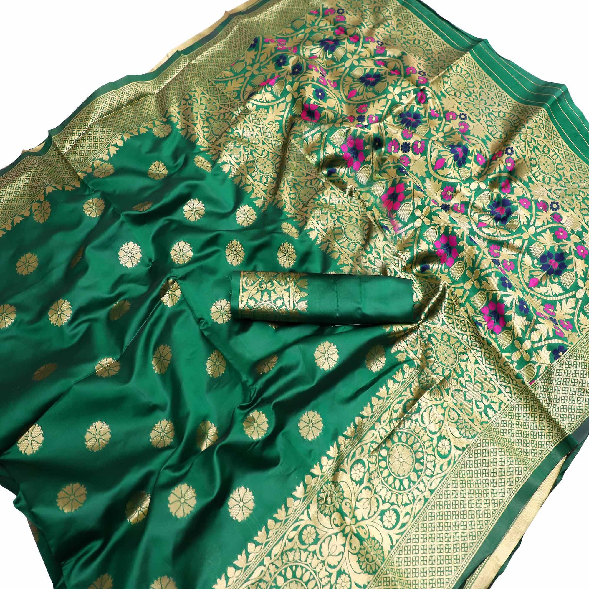 Peachmode Energetic Green Colored Festive Wear Woven Banarasi Silk Saree