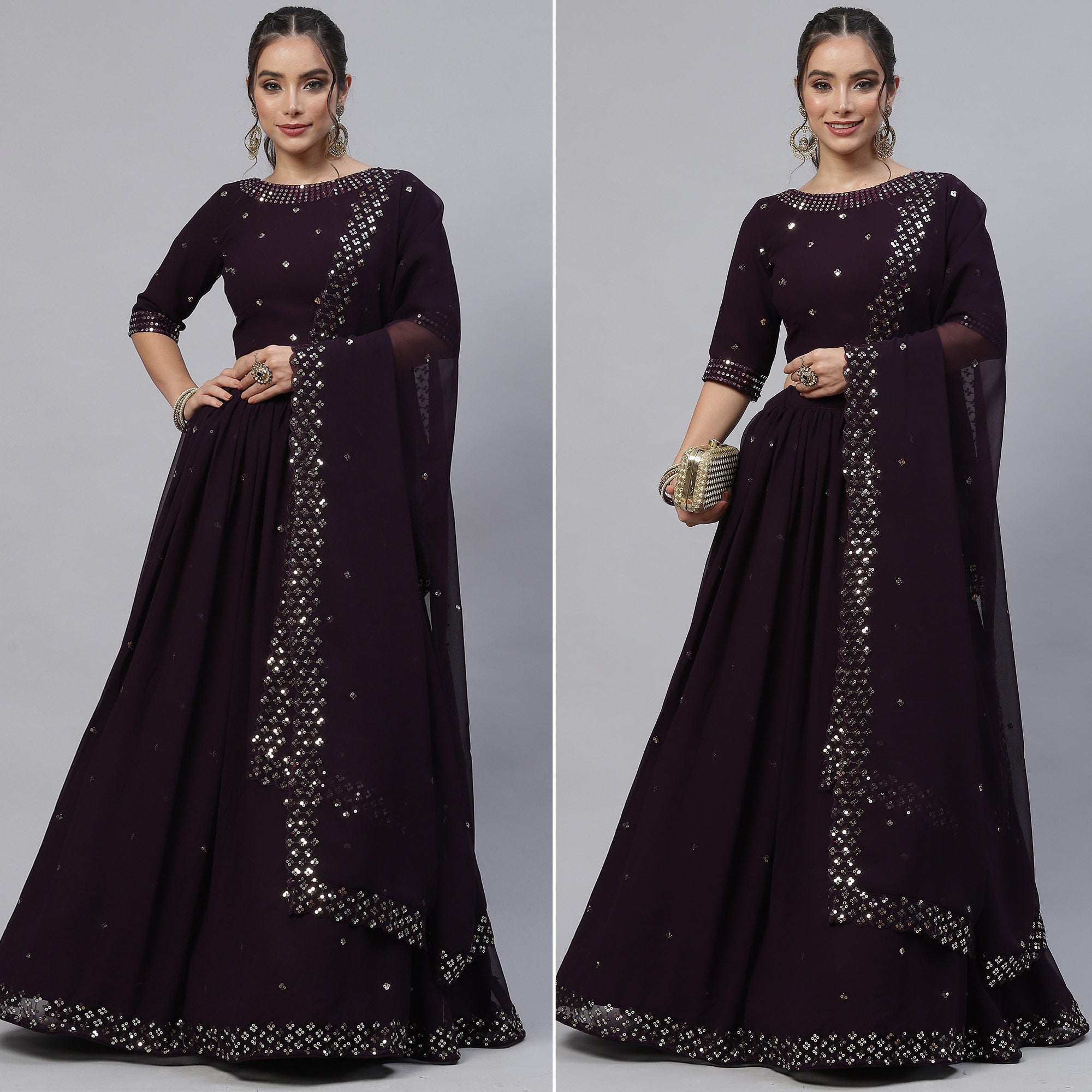 Peachmode Dark Purple Sequins Embroidered Georgette Lehenga Choli