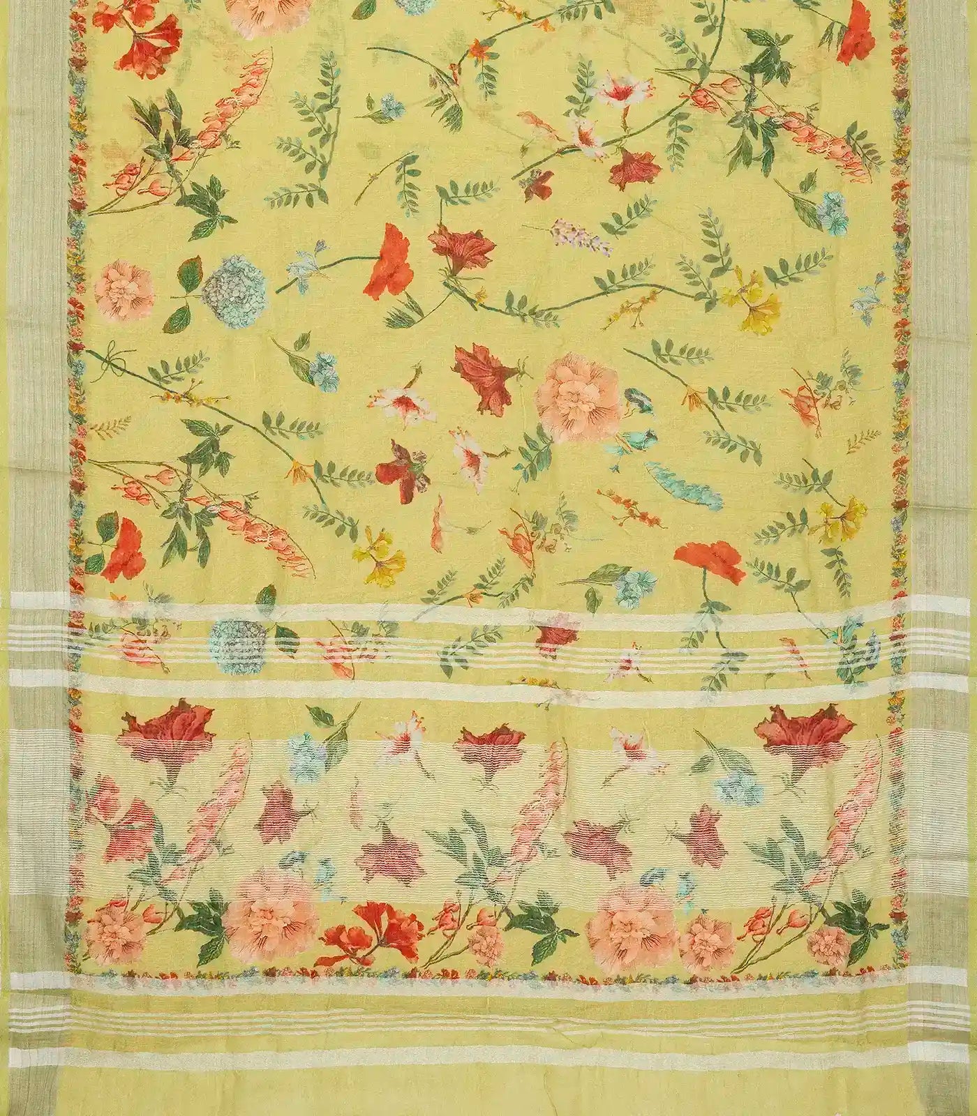 RmKV Pista Green Handloom Linen Saree With Printed Floral Motifs - view 2
