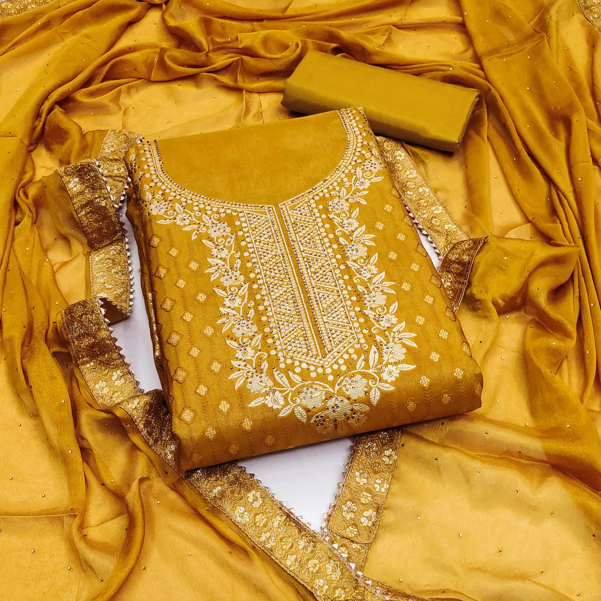 Peachmode Mustard Floral Woven Shimmer Jacquard Dress Material