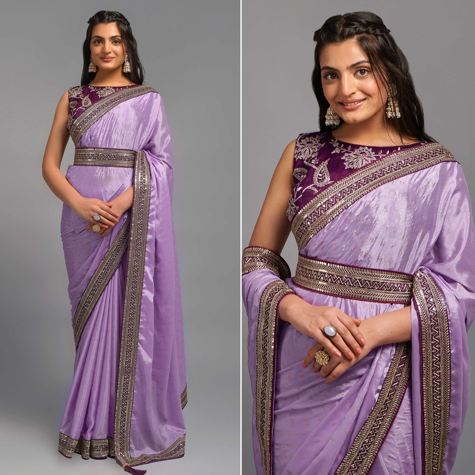 Peachmode Light Purple Foil Printed With Embroidered Border Chinon Saree