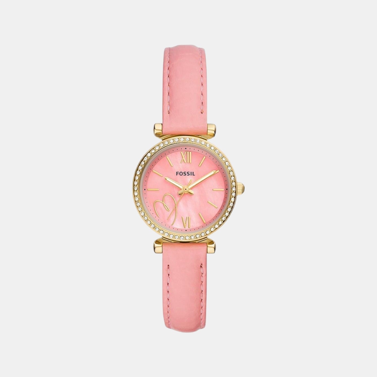Fossil Carlie Women Quartz Pink Dial Analog Leather Watch ES5177