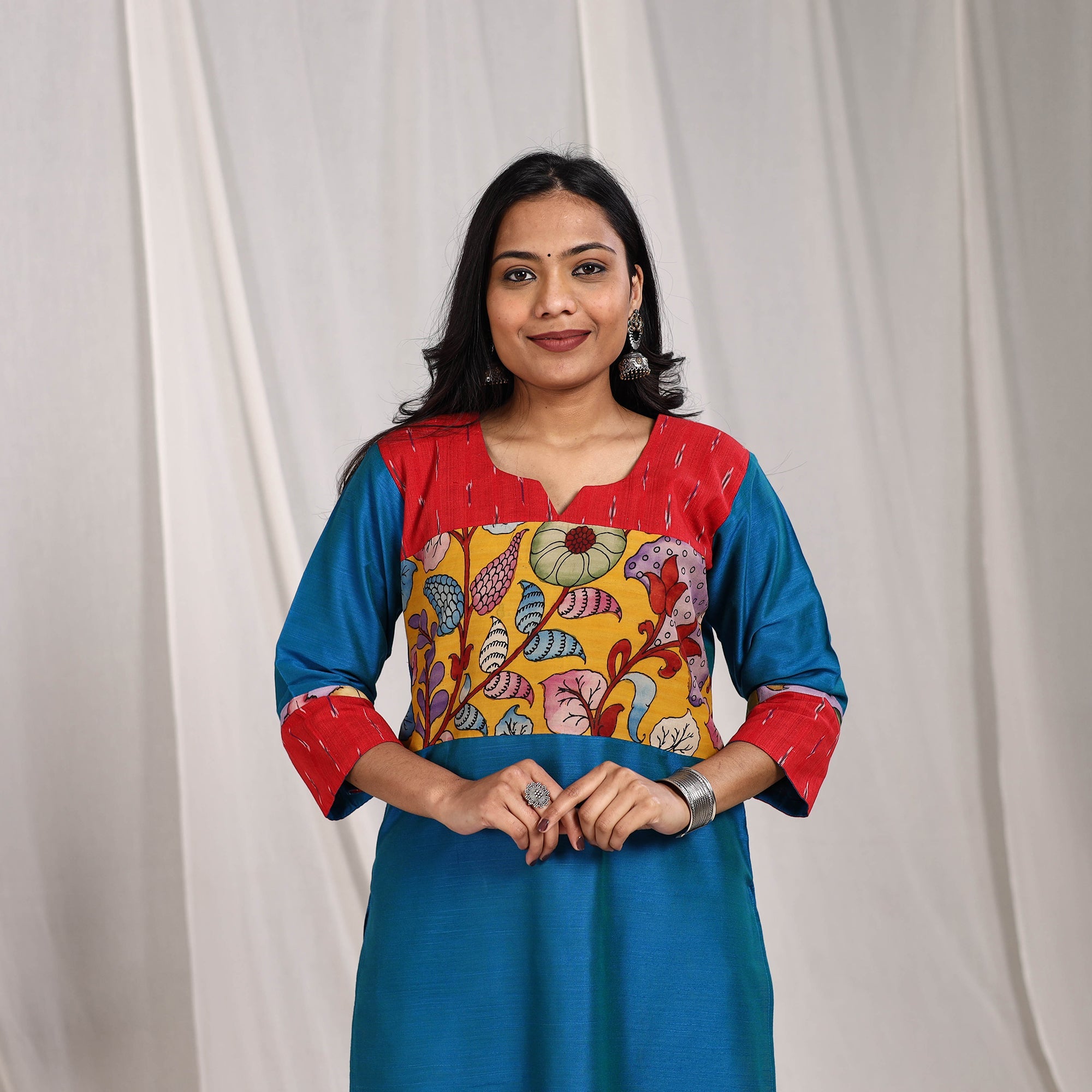 ITOKRI CASUALS Blue - Aaliya Slub Silk Straight Plain Kurta with Patchwork - view 5