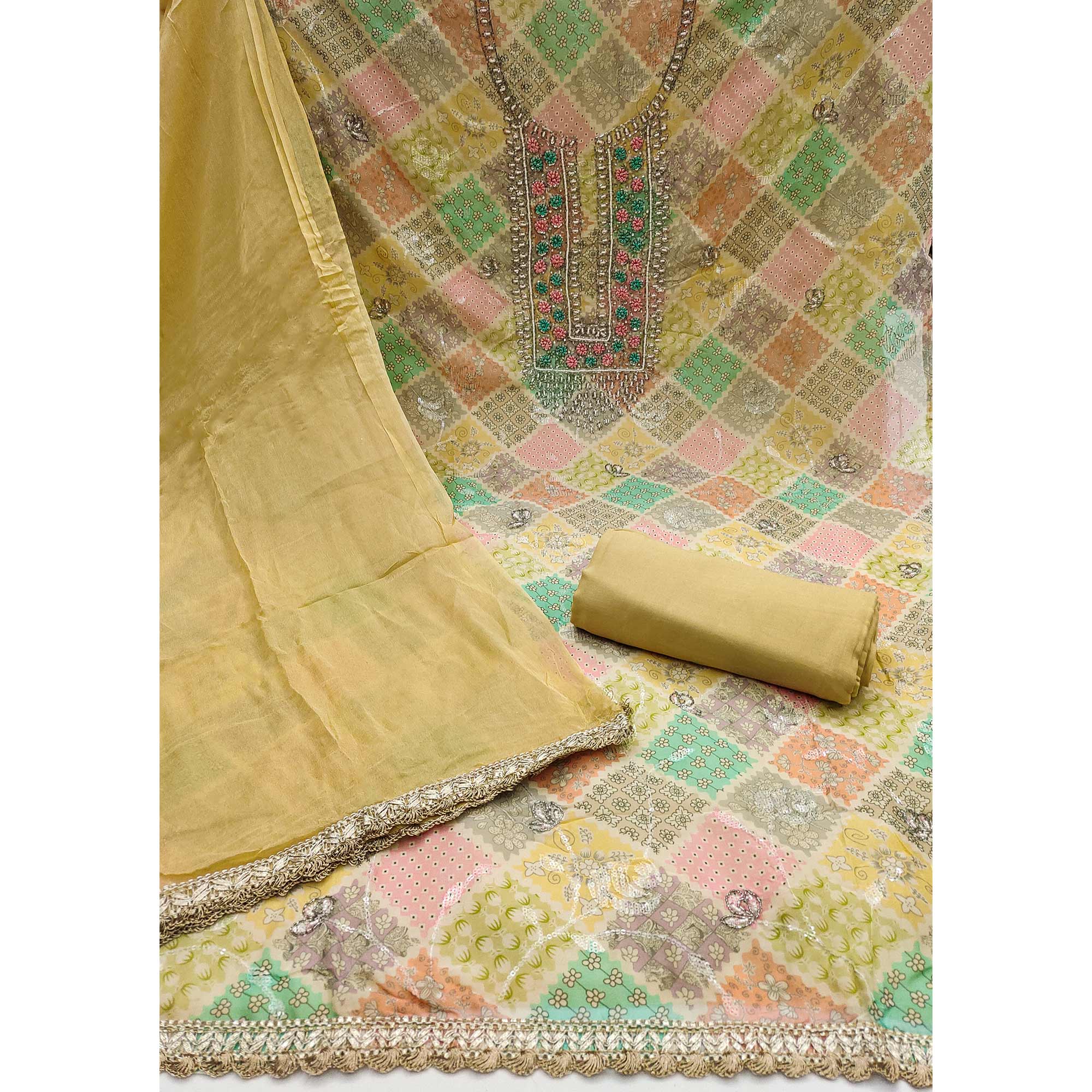 Peachmode Yellow Sequins With Hand Embroidered Muslin Dress Material - view 3