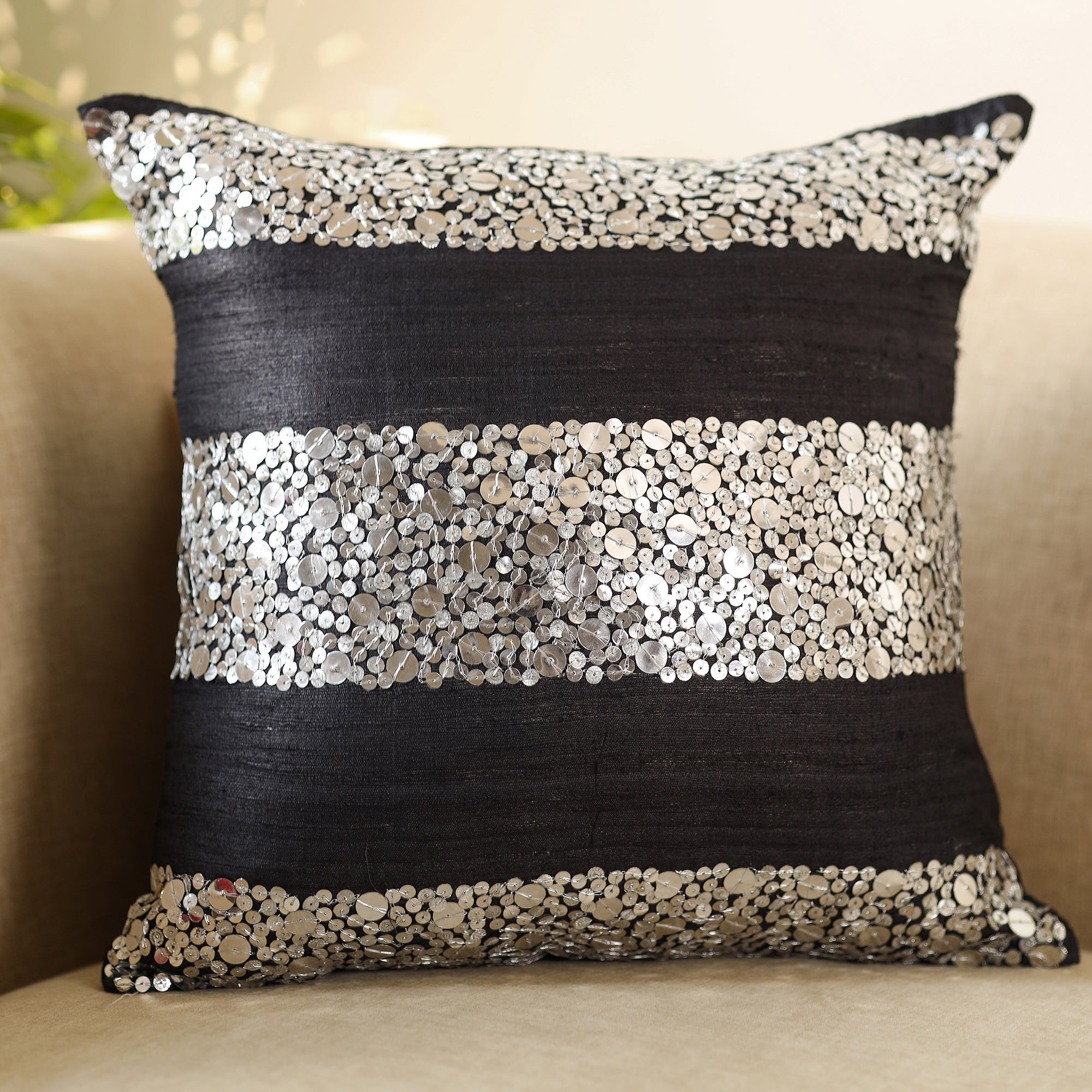 CHHATTISGARH HASTSHILP VIKAS BOARD Black - Aari Embroidery Sequin Work Ghicha Silk Cushion Cover (16 x 16 in) - view 2