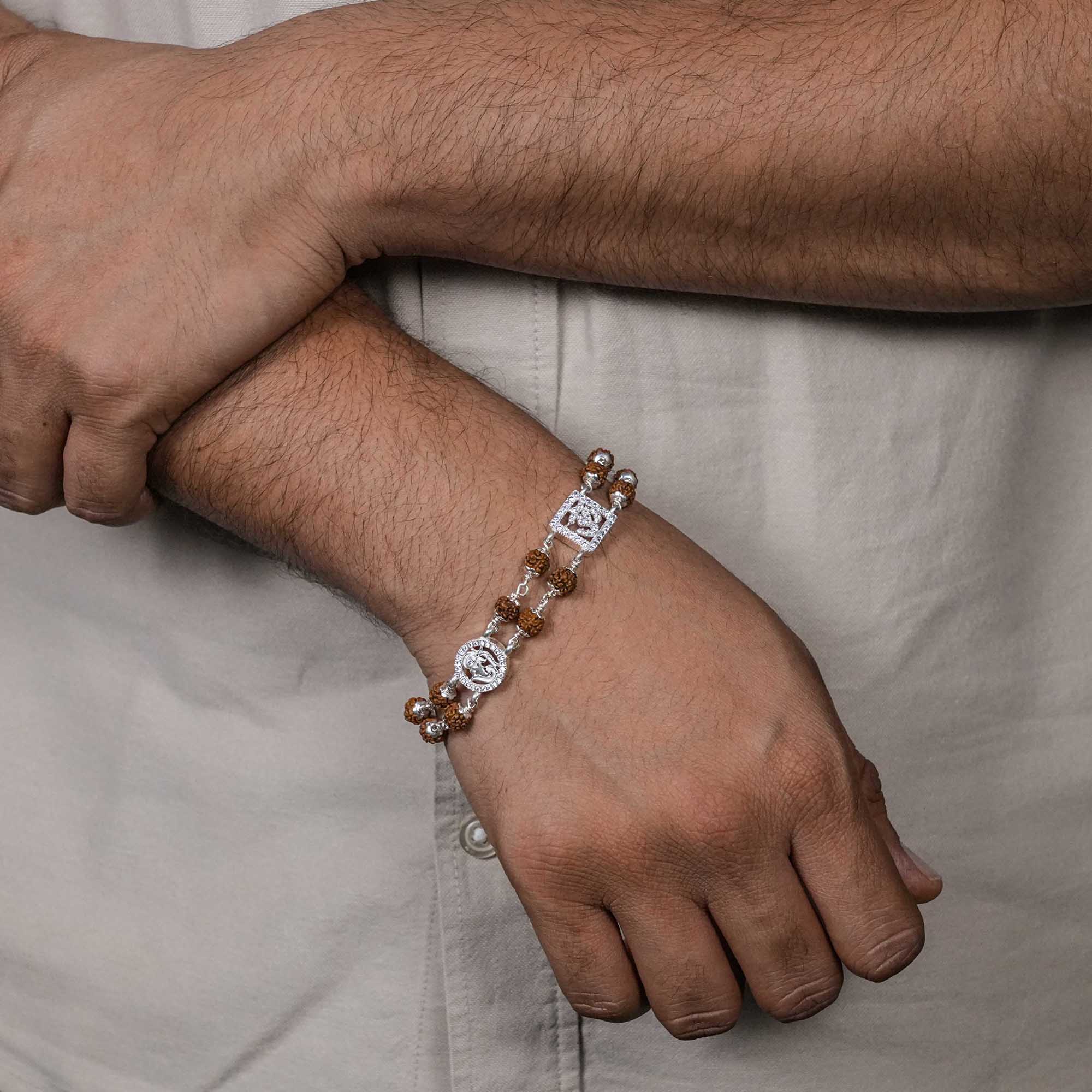 Prinjal Jewellers Rudraksha Silver Om With Ganesh double line Bracelet - view 3