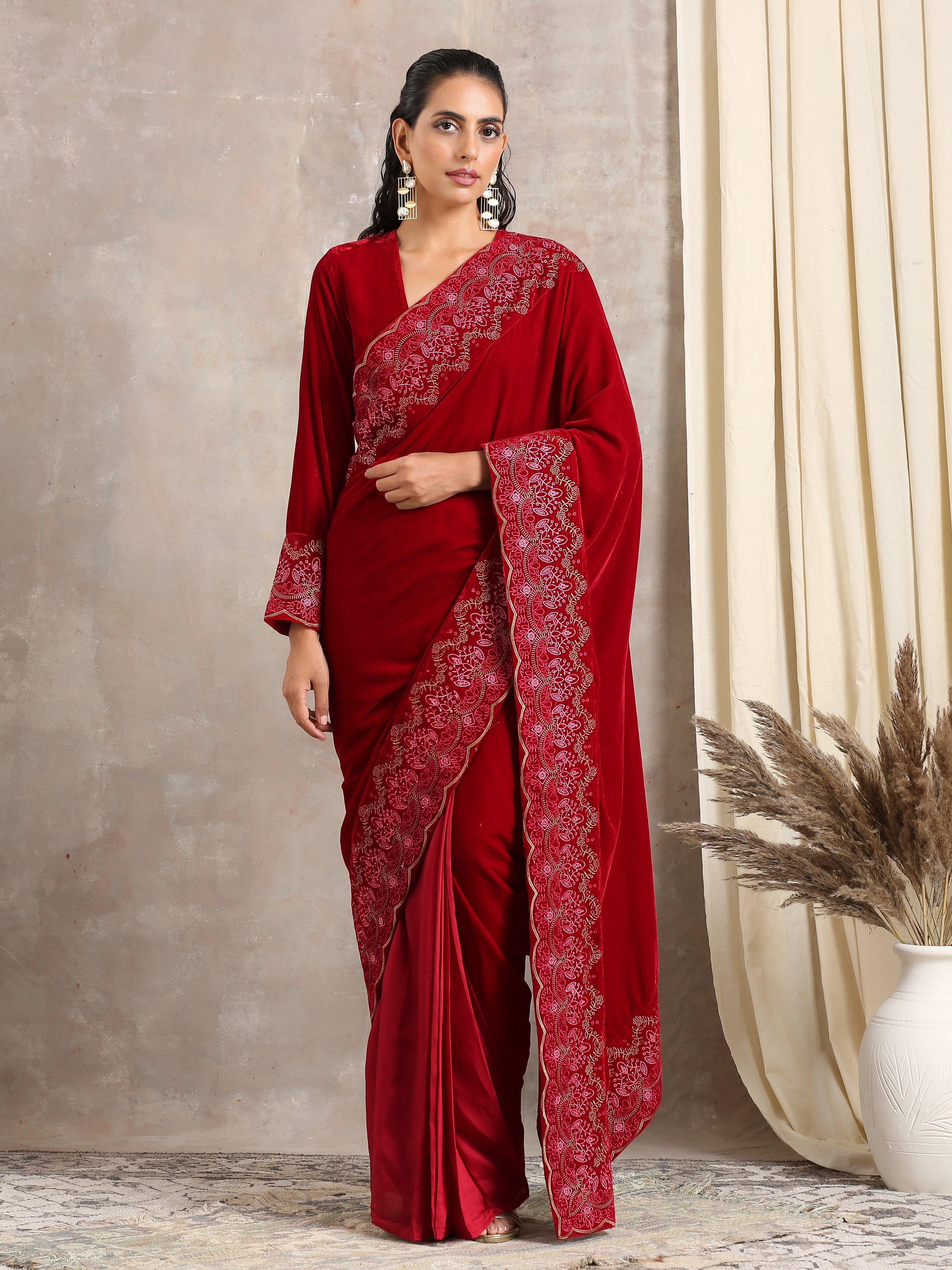 trueBrowns Red Velvet Silk Embroidered Ready To Wear Saree