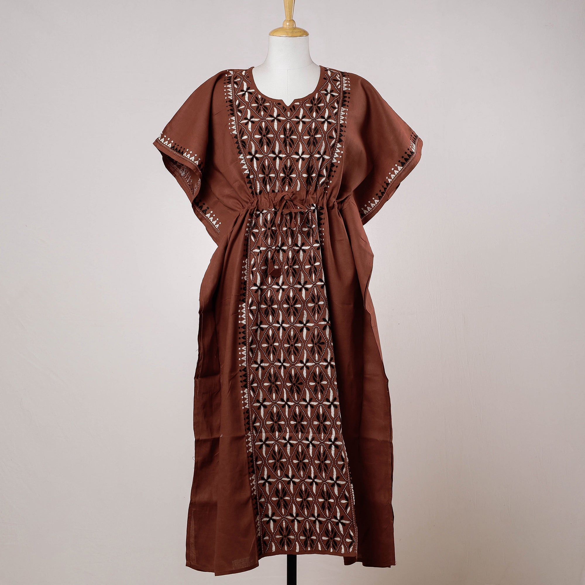 ASALKAAR Brown - Bengal Kantha Embroidery Cotton Kaftan with Tie-Up Waist (Long)