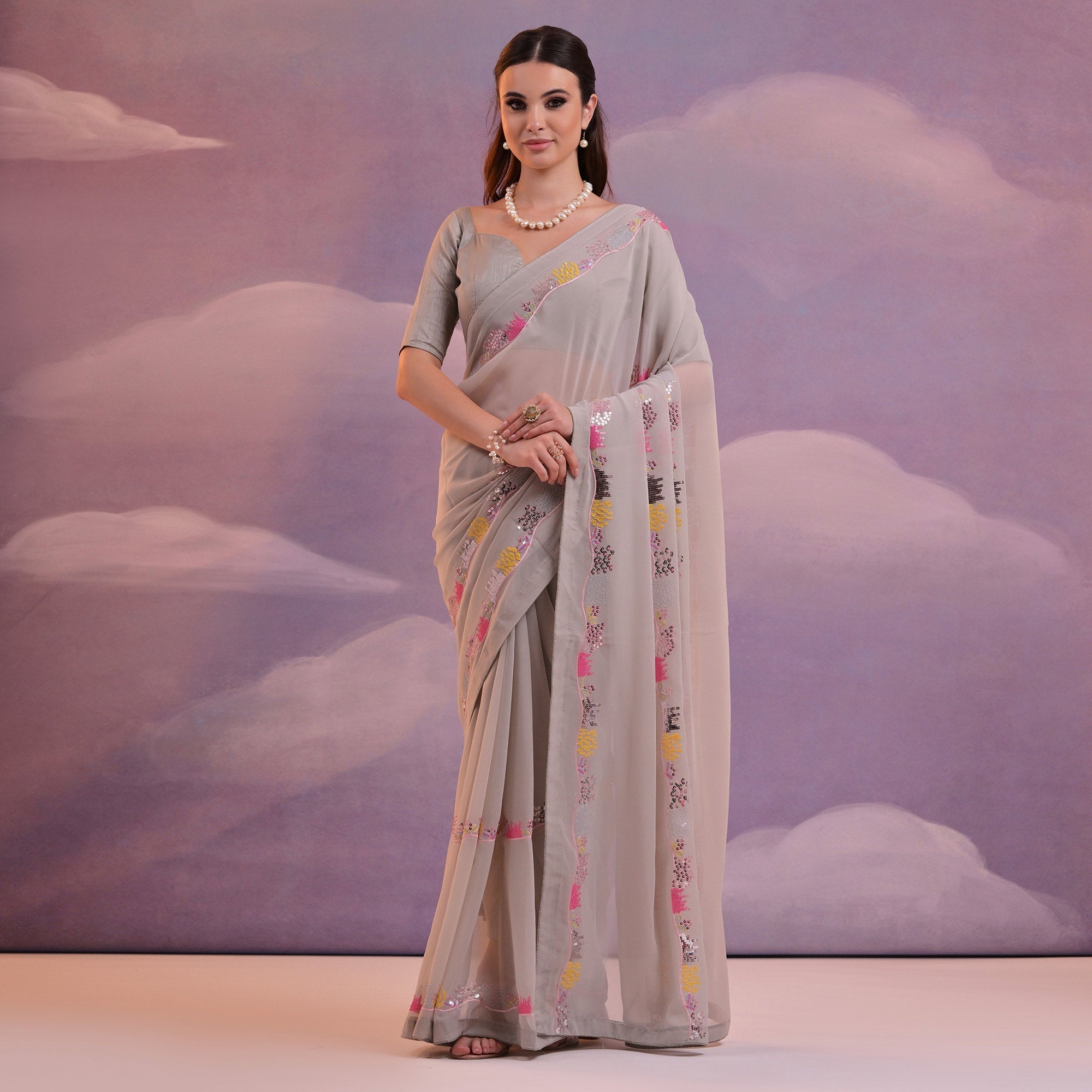 Peachmode Grey Sequins Embroidered Georgette Saree With Lace Border - view 2