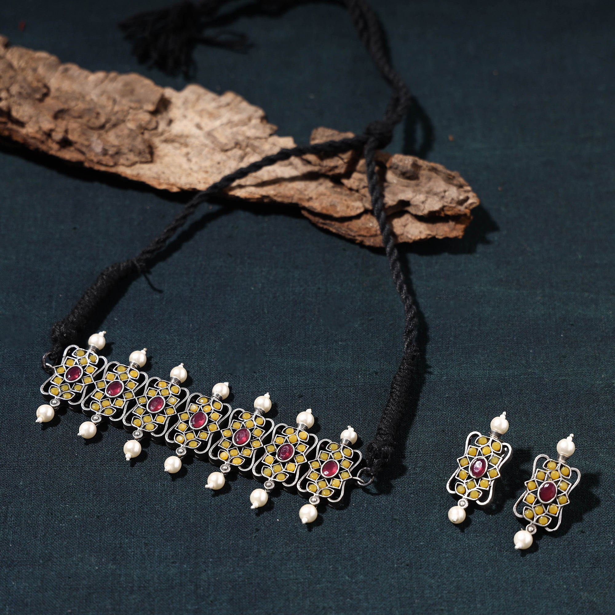 WHITE RIVER STORIES Antique Silver Finish Oxidised Brass Base Stone Work Choker Necklace Set - view 2