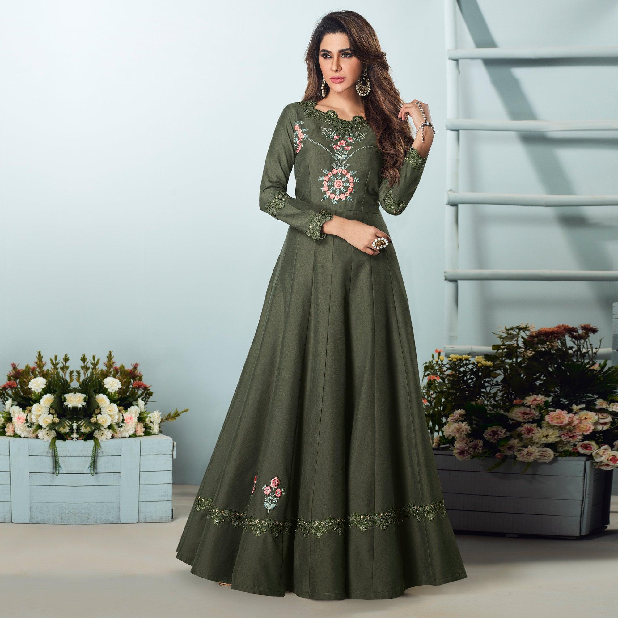 Peachmode Seller Capricious Dark Olive Green Colored Party Wear Embroidered Muslin Cotton Silk Gown