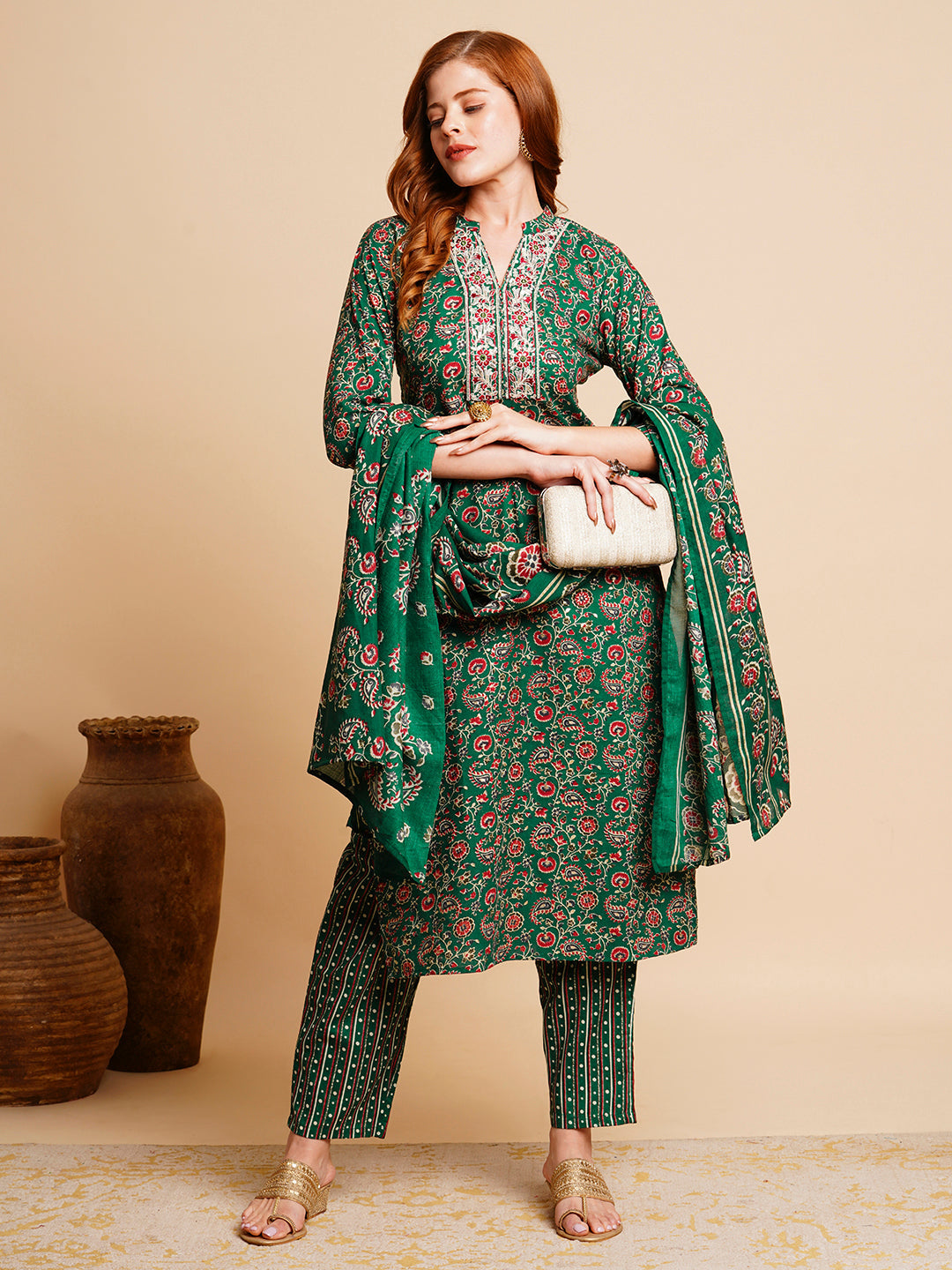 FASHOR Floral Foil Printed & Embroidered Straight Kurta with Pant & Dupatta - Green