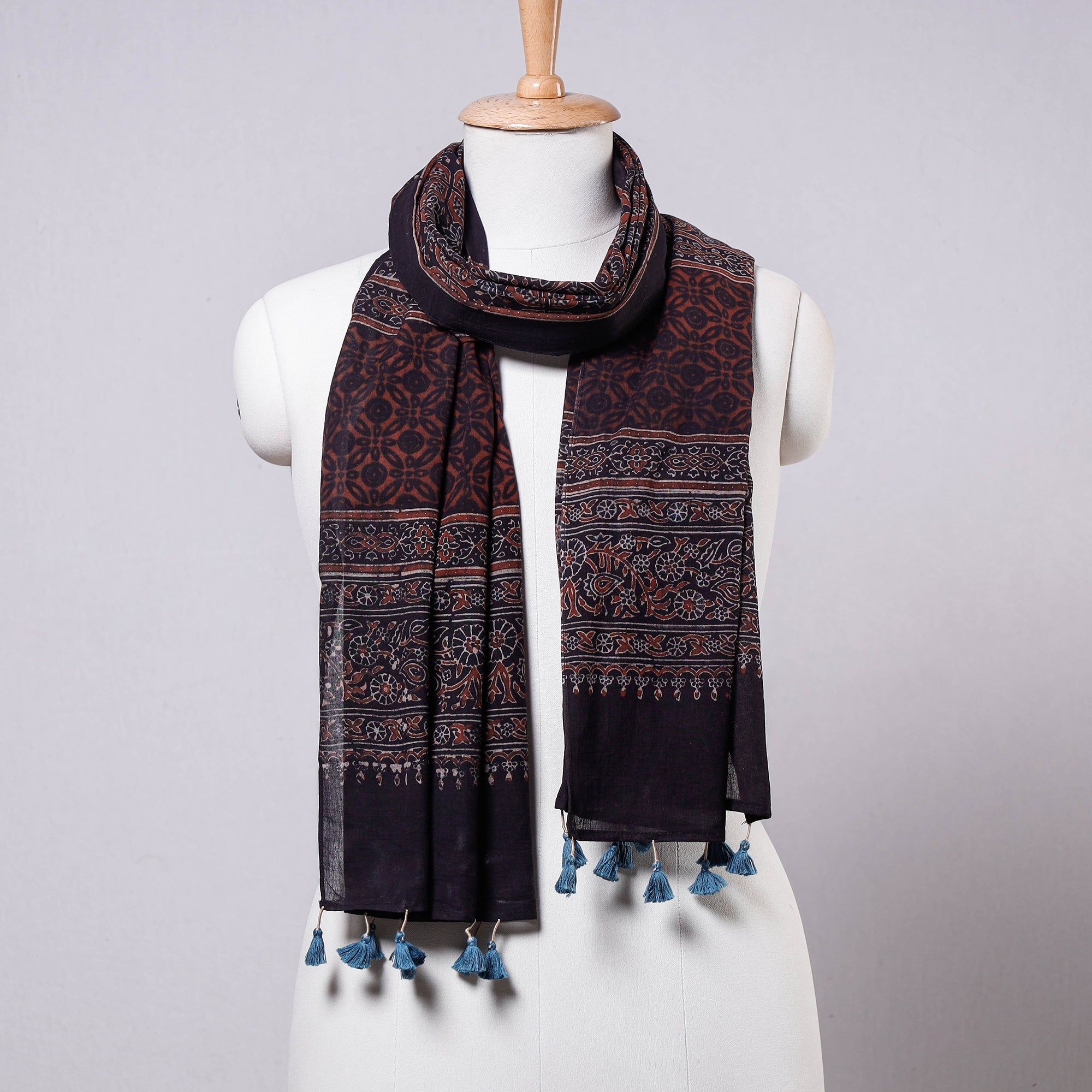 AJRAKH BY JABBAR KHATRI Black - Ajrakh Block Printed Mul Cotton Stole with Tassels