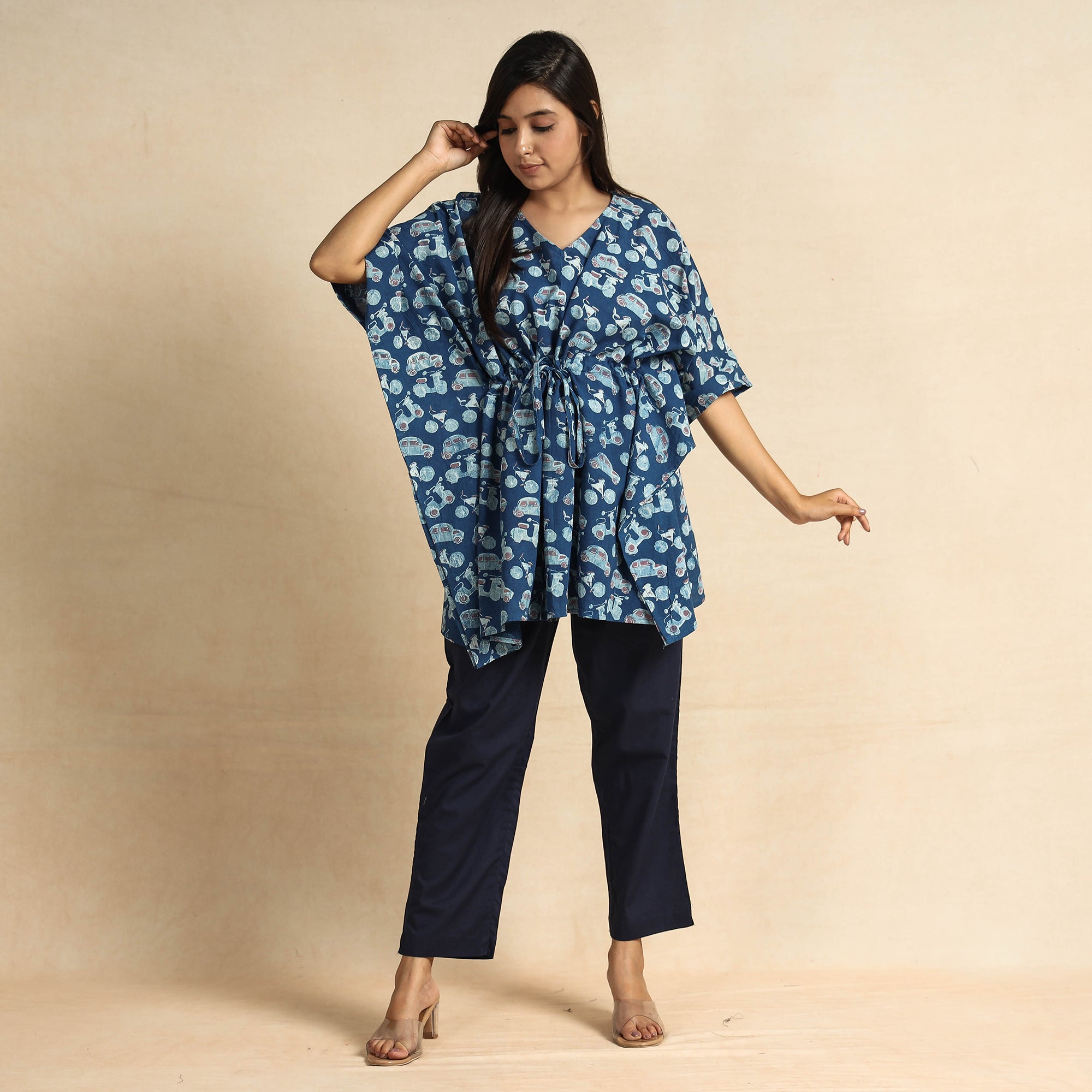 CHUTNEY CRAFT STUDIO Blue - Bindaas Block Printed Cotton Kaftan & Pyjama Night Suit Set