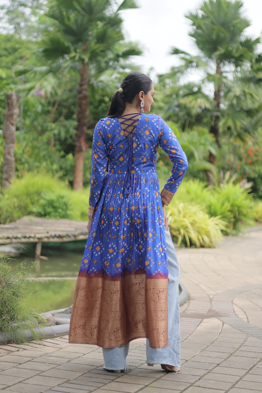 ClothsVilla.com Blue Designer Printed Kurti in Heavy Cotton with Kutchi Gamthi Lace and Kodi Work - view 2