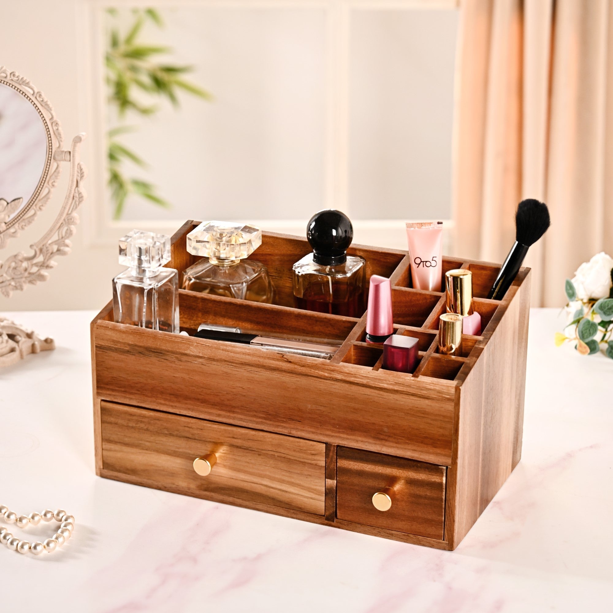Nestasia Acacia Wood Makeup Organiser Box For Dressing Table