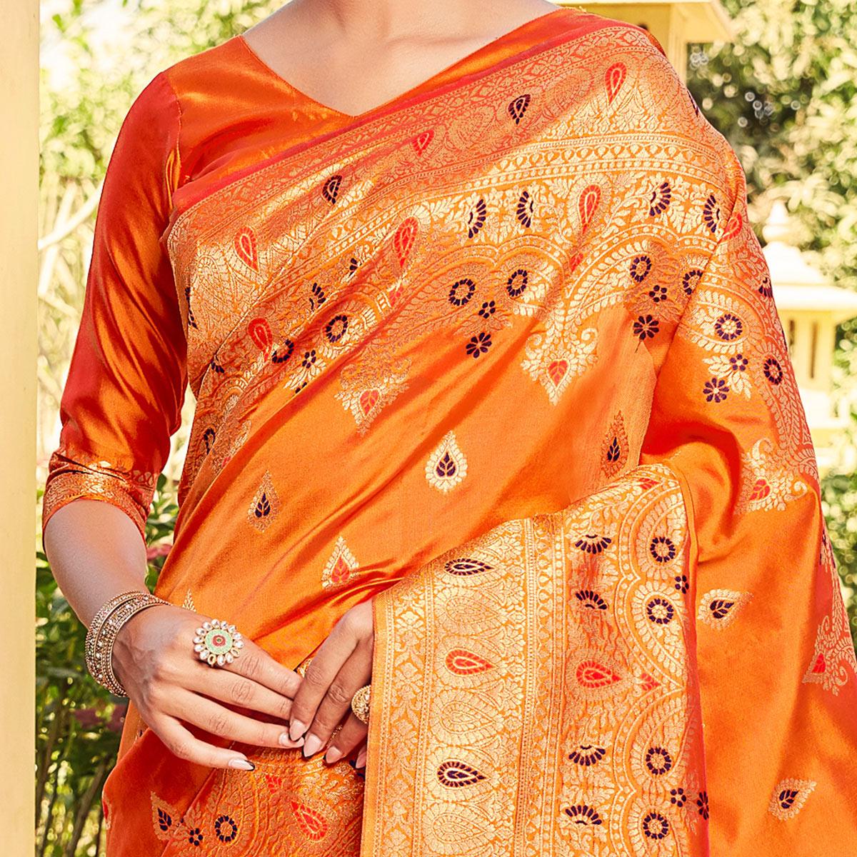 Peachmode Jazzy Orange Coloured Designer Partywear Weaving Silk Saree - view 2