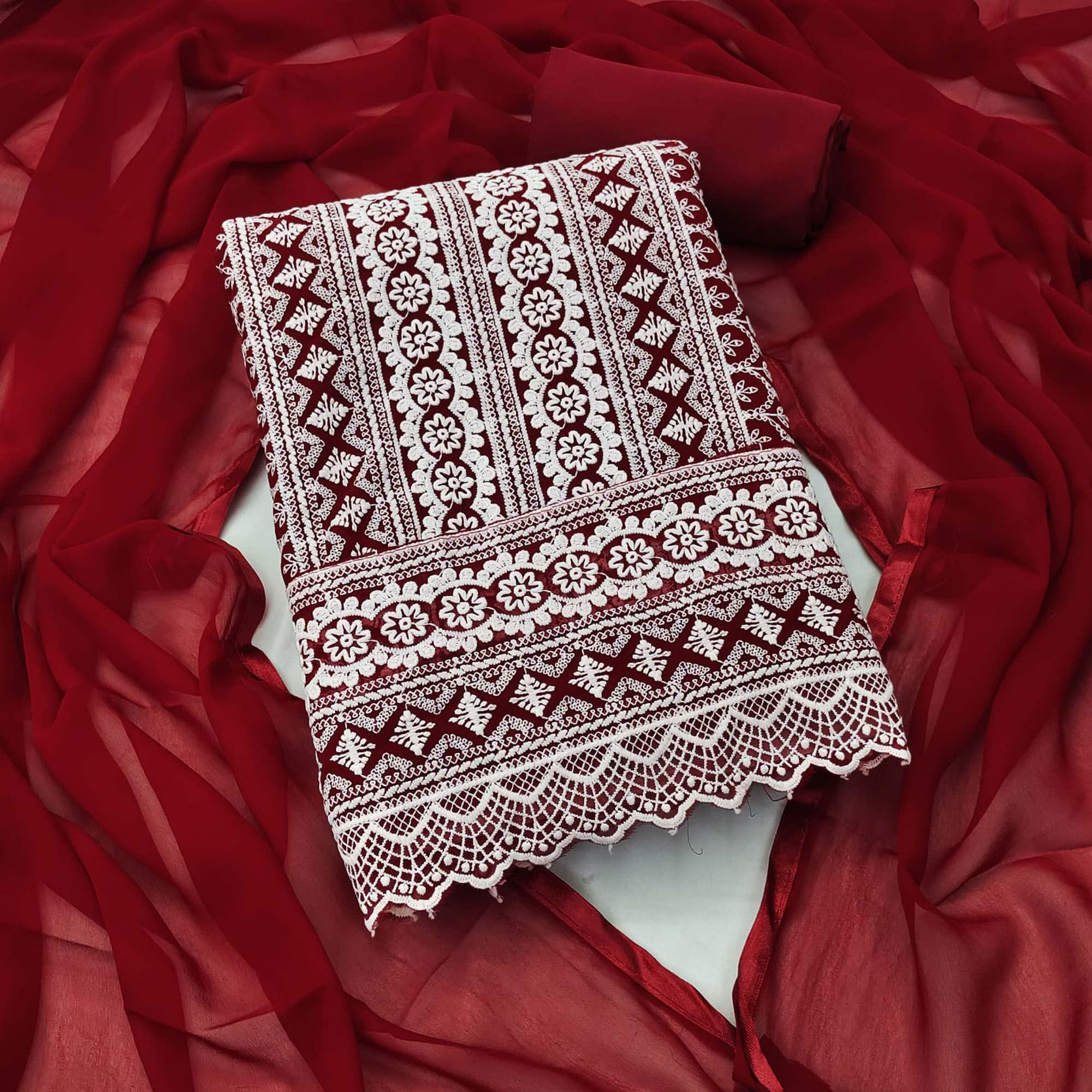 Peachmode Maroon Embroidered Georgette Dress Material