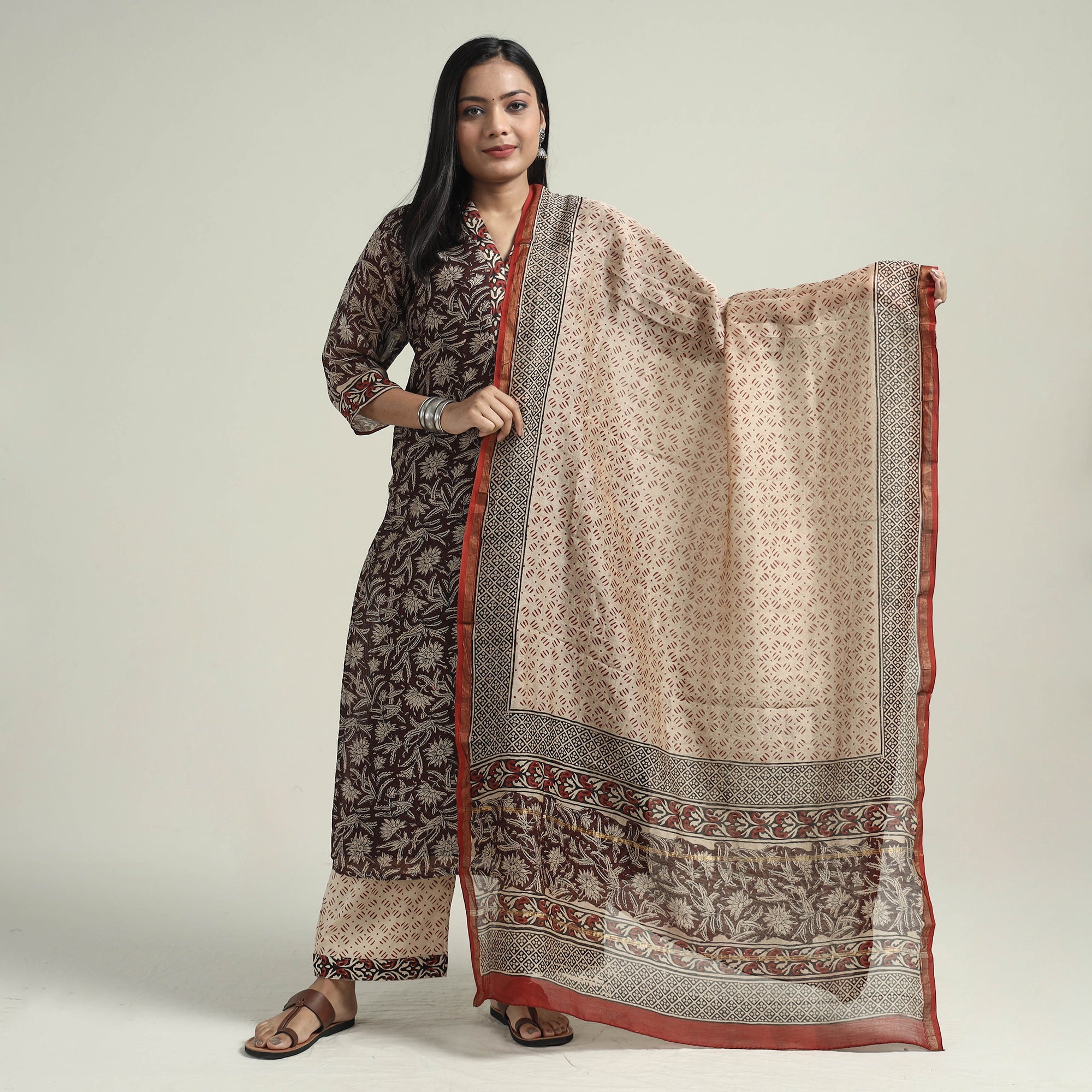 ITOKRI CASUALS Brown - Bagru Block Printed Chanderi Silk Kurta with Palazzo & Dupatta Set