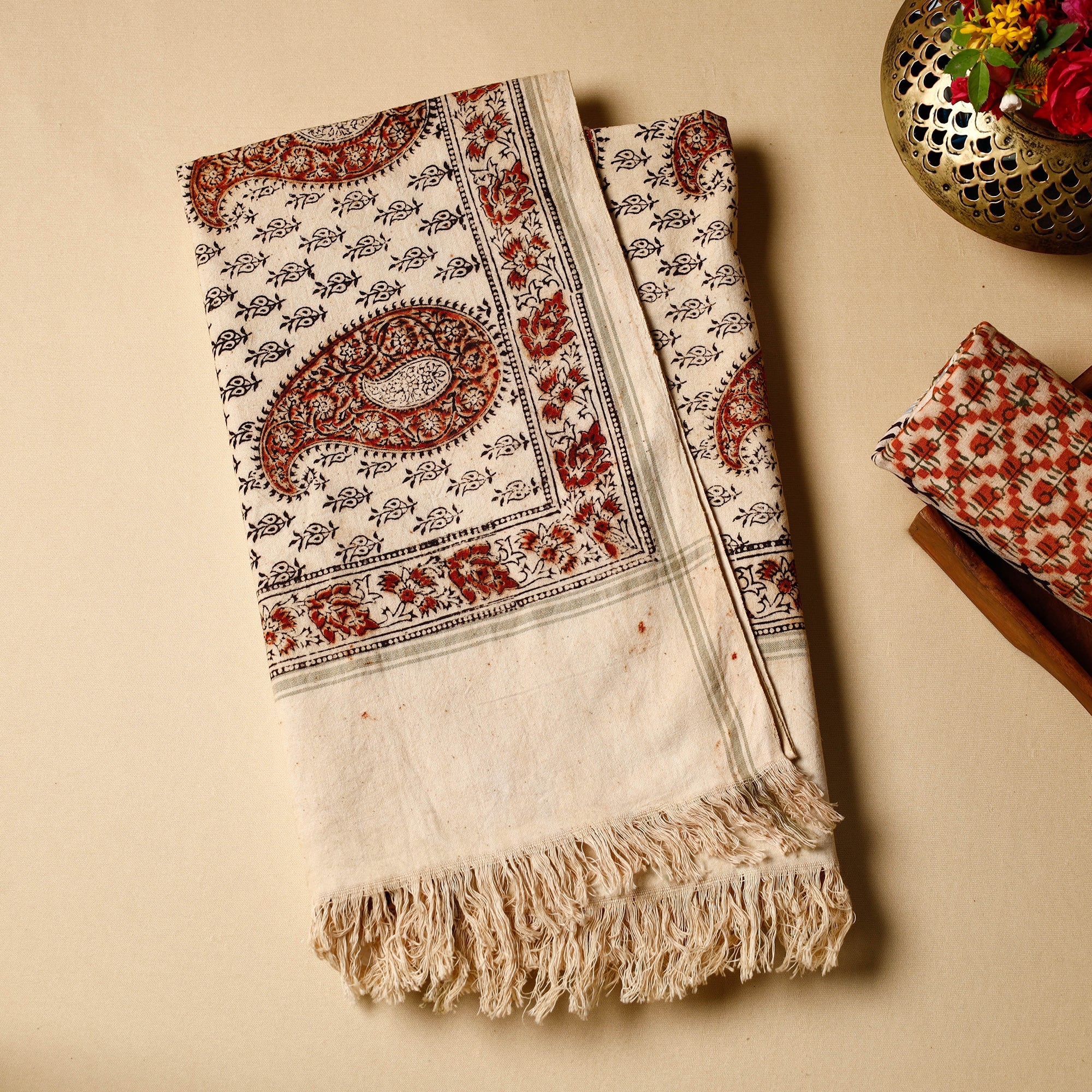 PITCHUKA SRINIVAS KALAMKARI PEDANA Beige - Pedana Kalamkari Block Printed Handloom Cotton Towel