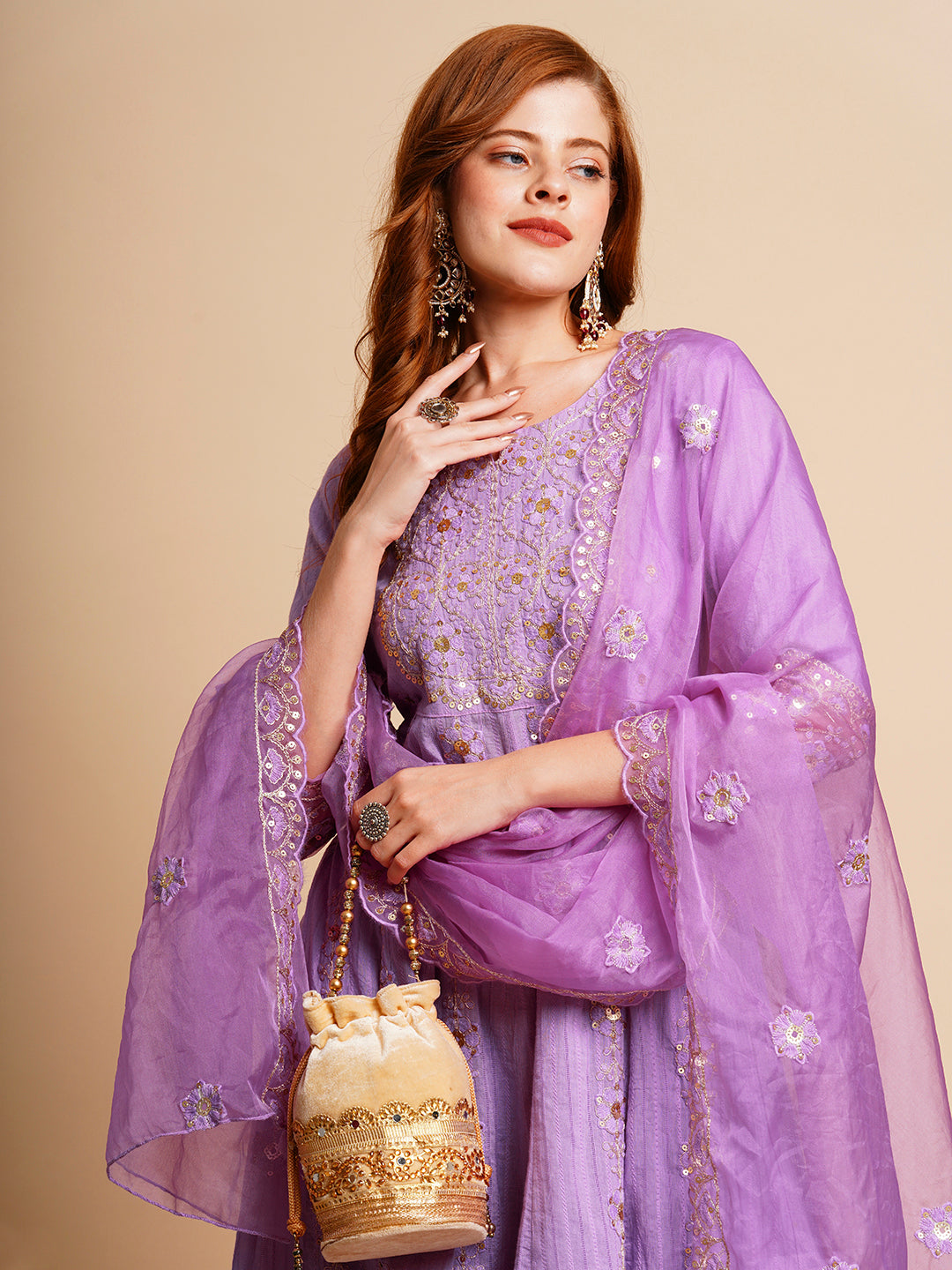FASHOR Floral Embroidered Anarkali Kurta with Palazzo & Organza Dupatta - Purple - view 2