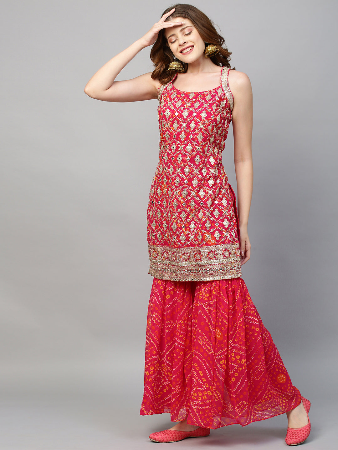 Fashor Zari Embroidered & Bandhani Printed Kurta with Sharara & Dupatta - Hot Pink - view 14