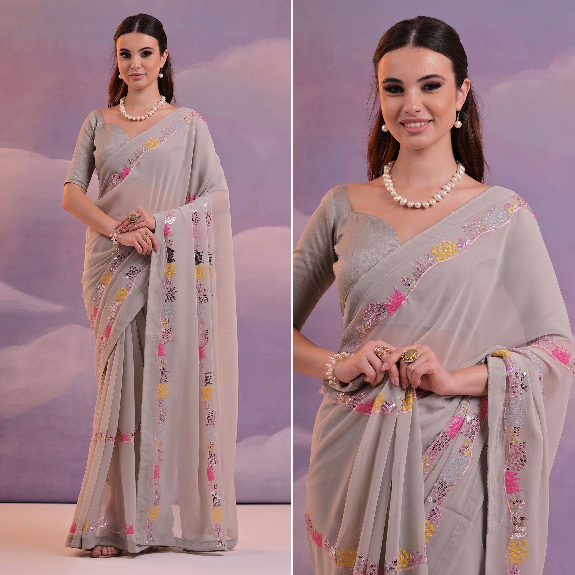 Peachmode Grey Sequins Embroidered Georgette Saree With Lace Border