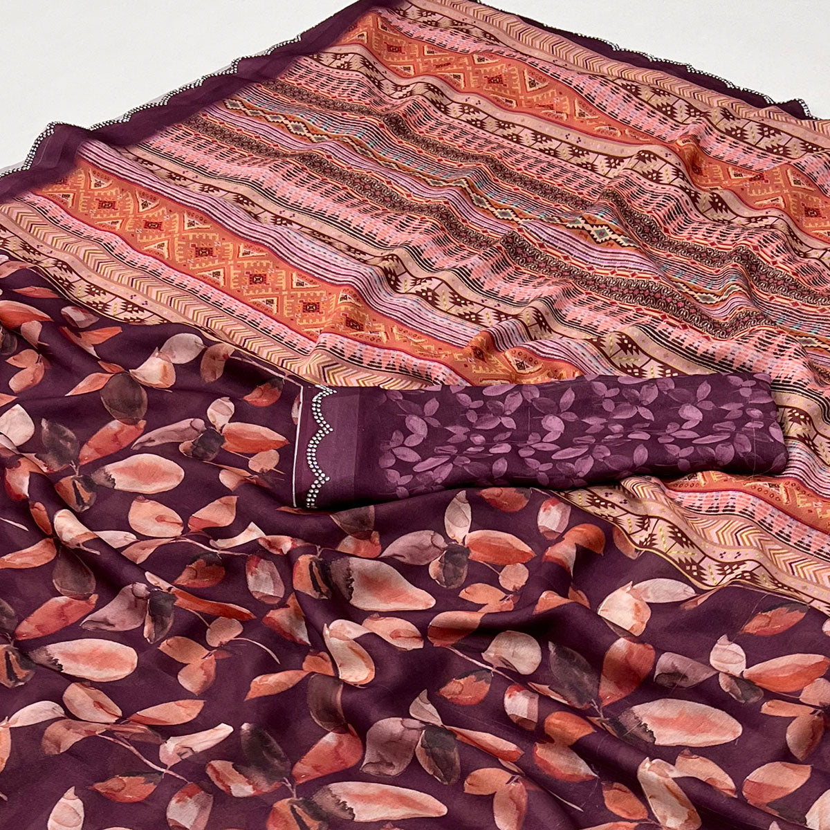 Peachmode Wine Floral Digital Printed Georgette Saree With Stonework Border - view 2