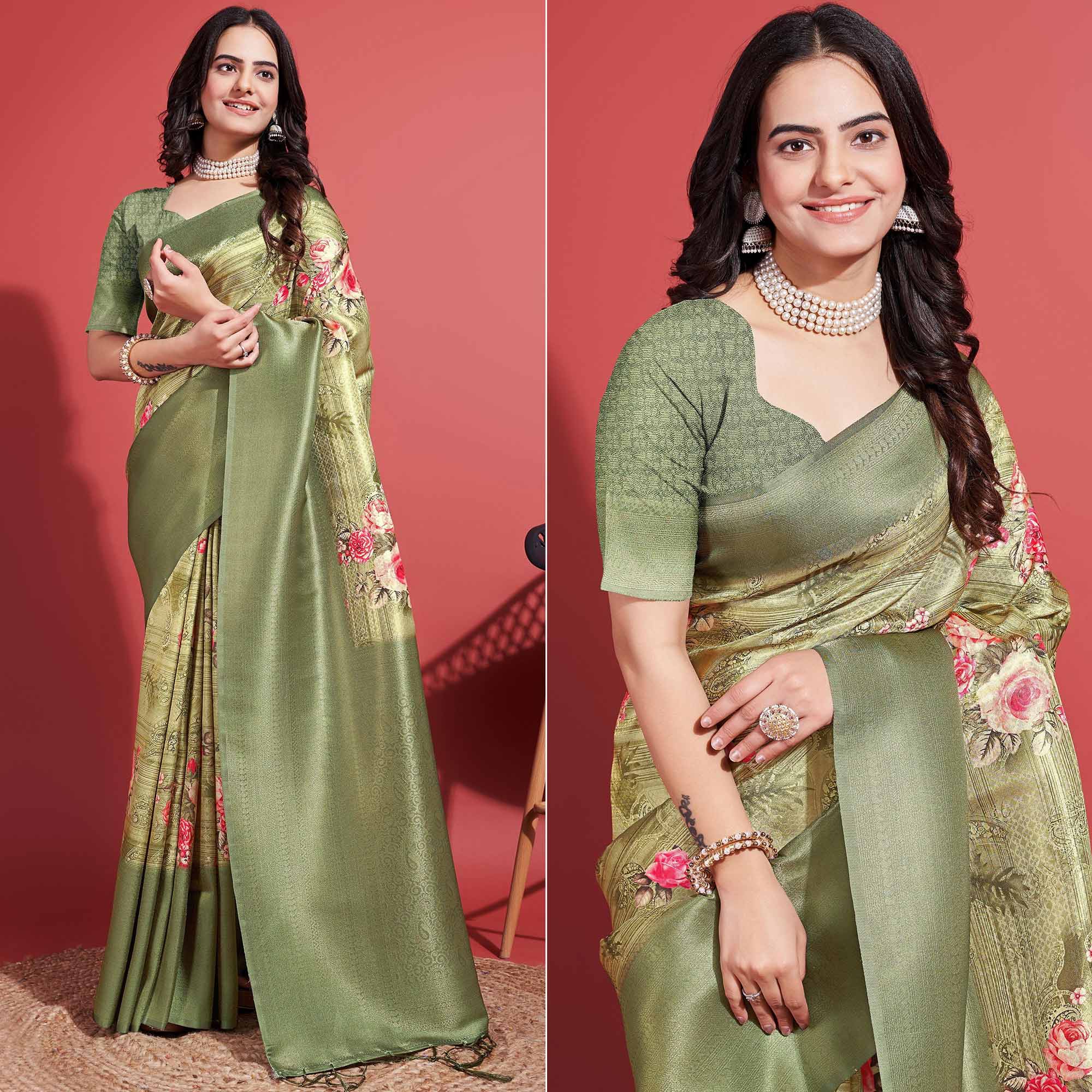 Peachmode Light Olive Green Floral Digital Printed With Woven Banarasi Silk Saree