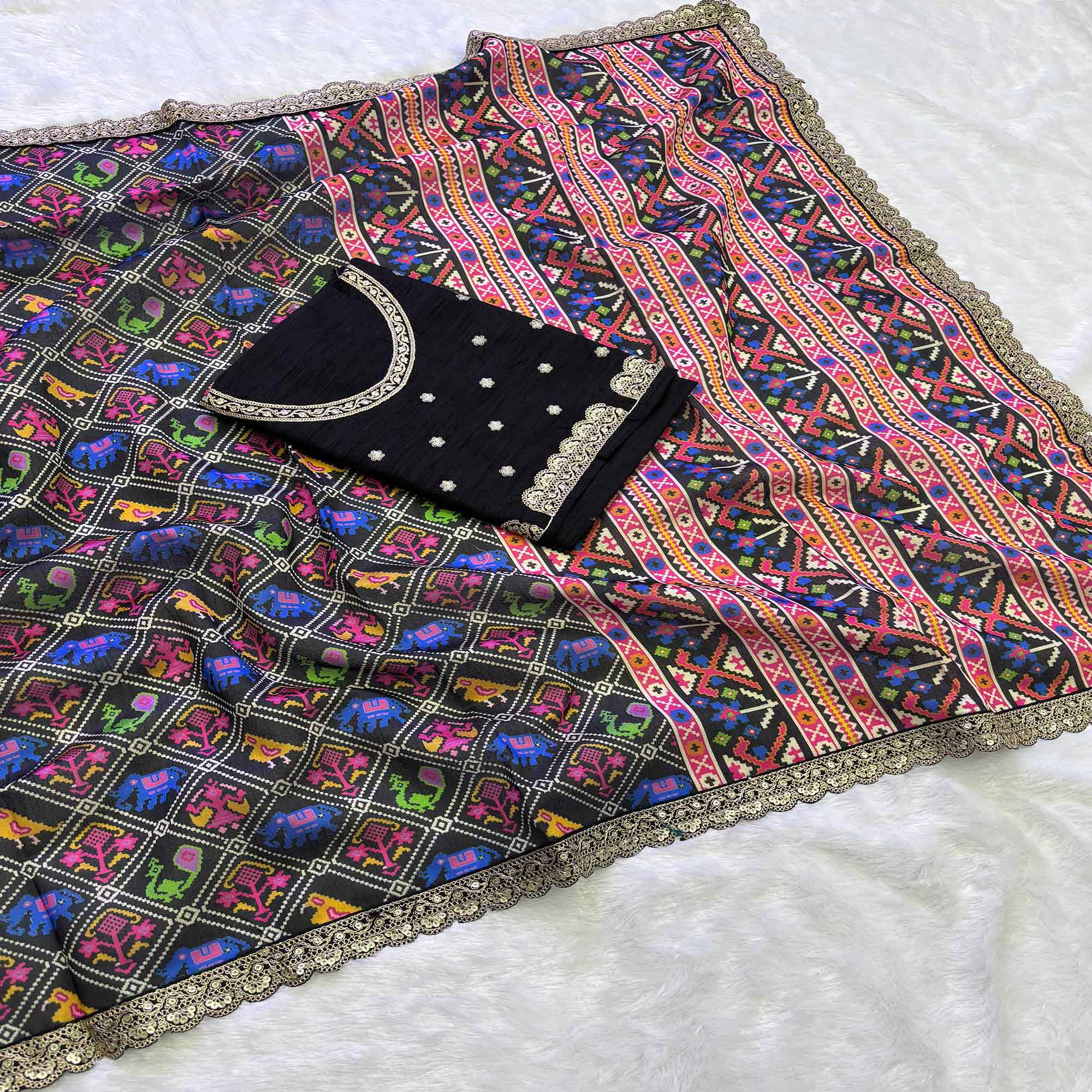 Peachmode Black Printed Patola Tussar Silk Saree