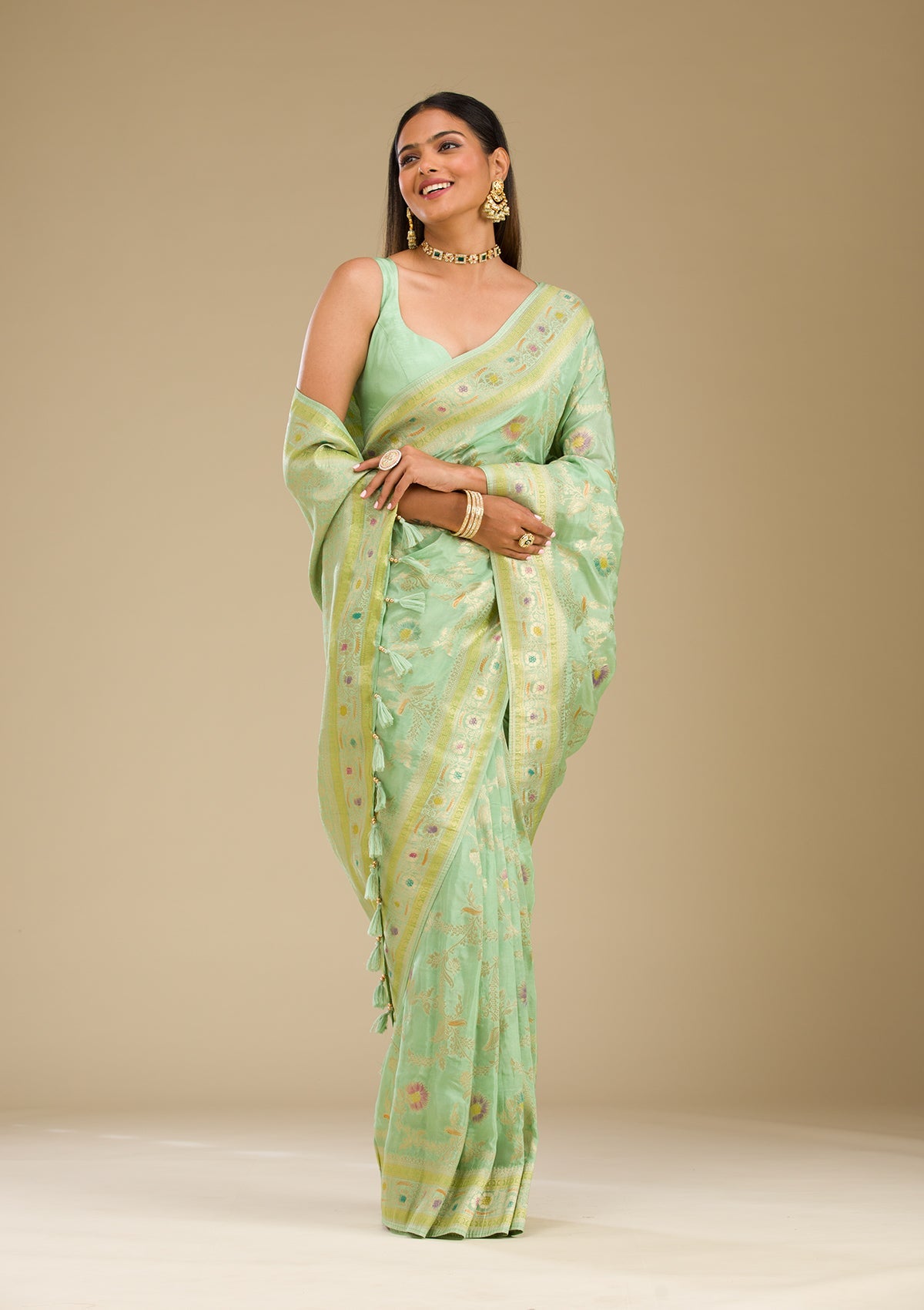 Koskii Pista Green Zariwork Banarasi Silk Saree - view 5