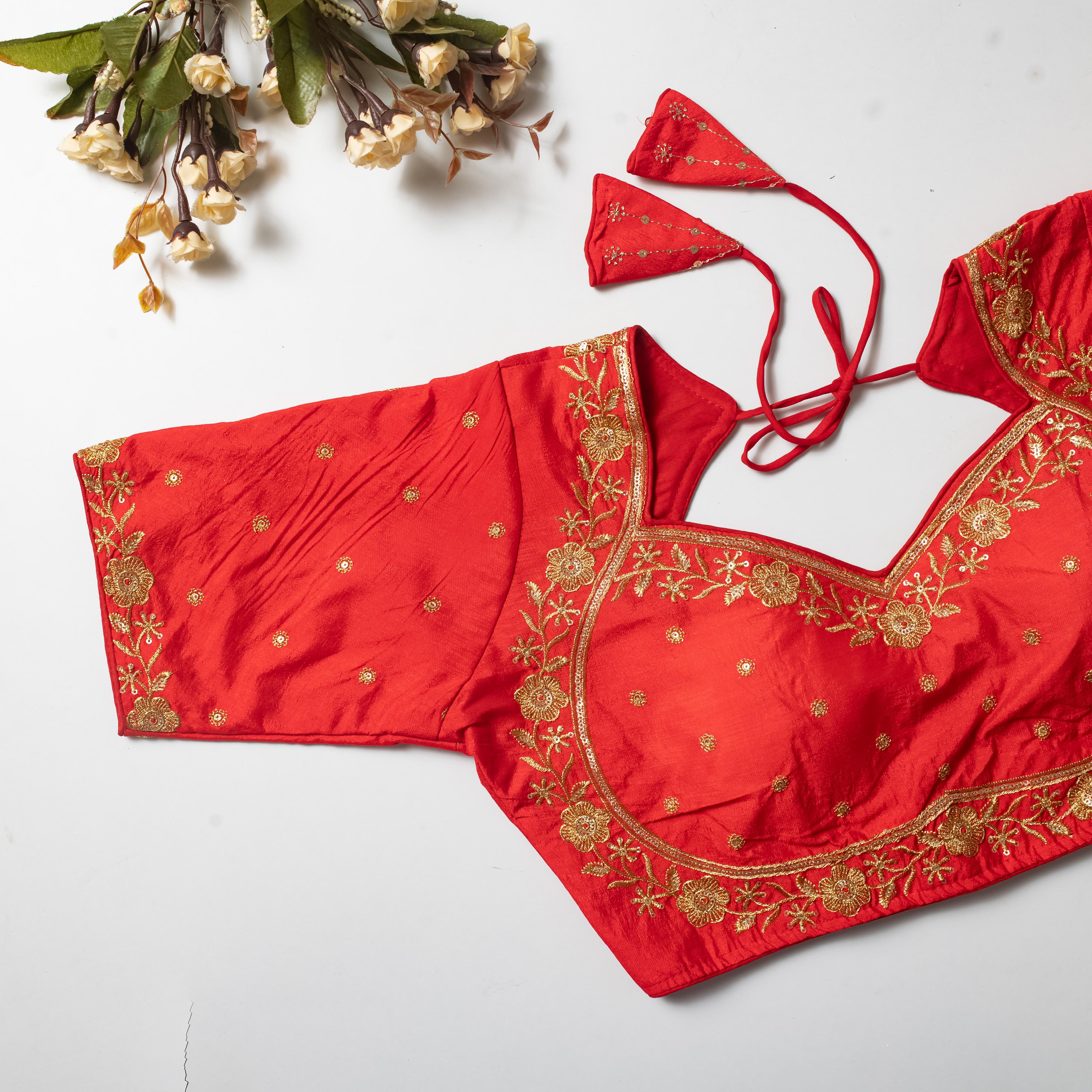 ClothsVilla Orange Olive Silk Blouse with Golden Embroidery and Sequins