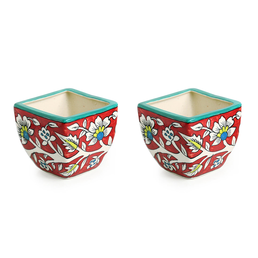 EXCLUSIVELANE 'Mughal Roots' Floral Handpainted Ceramic Planter Pots (Set of 2) - view 2