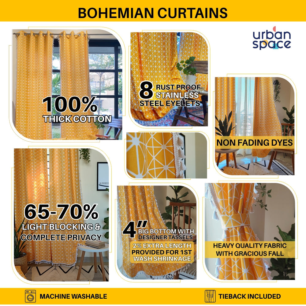 Urban Space -Home Furnishing Store 100% Cotton Boho Curtain for Window & Door - Pack of 2 Curtains With 2 FREE Cushion Covers, Yellow Star - view 2