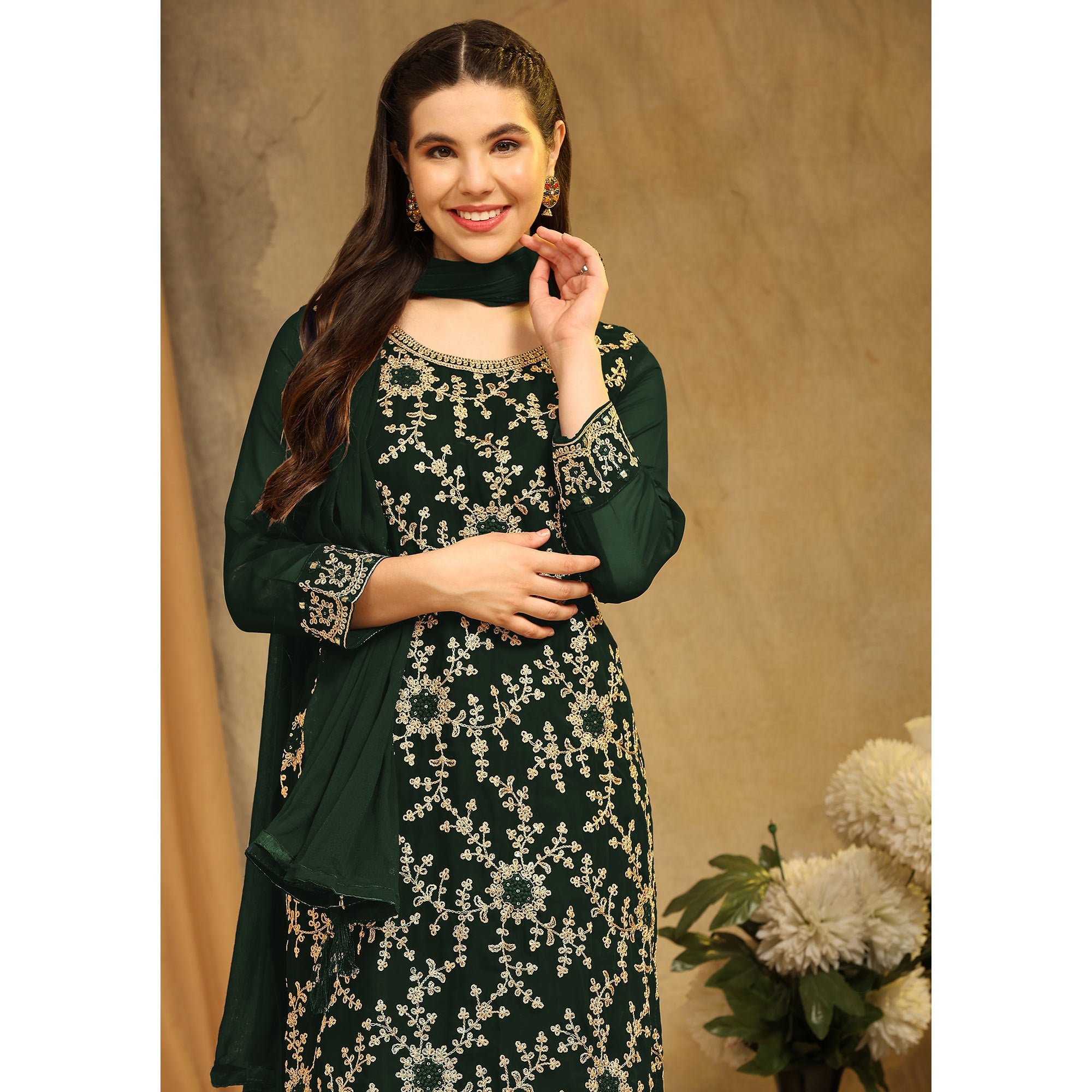 Peachmode Bottle Green Floral Embroidered Georgette Semi Stitched Suit - view 7