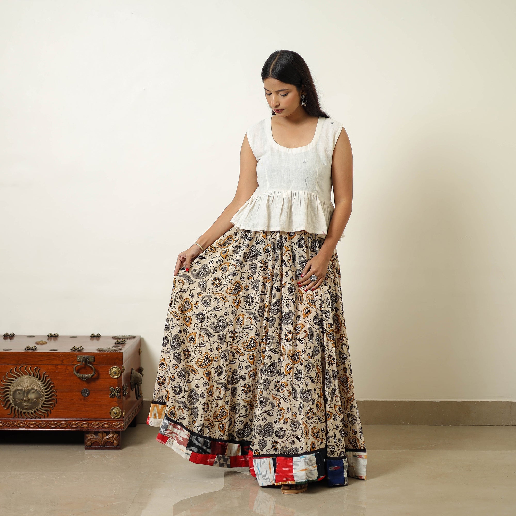NOORI BAZAR Beige - Hand Block Printed Cotton Long Bagru Skirt 14