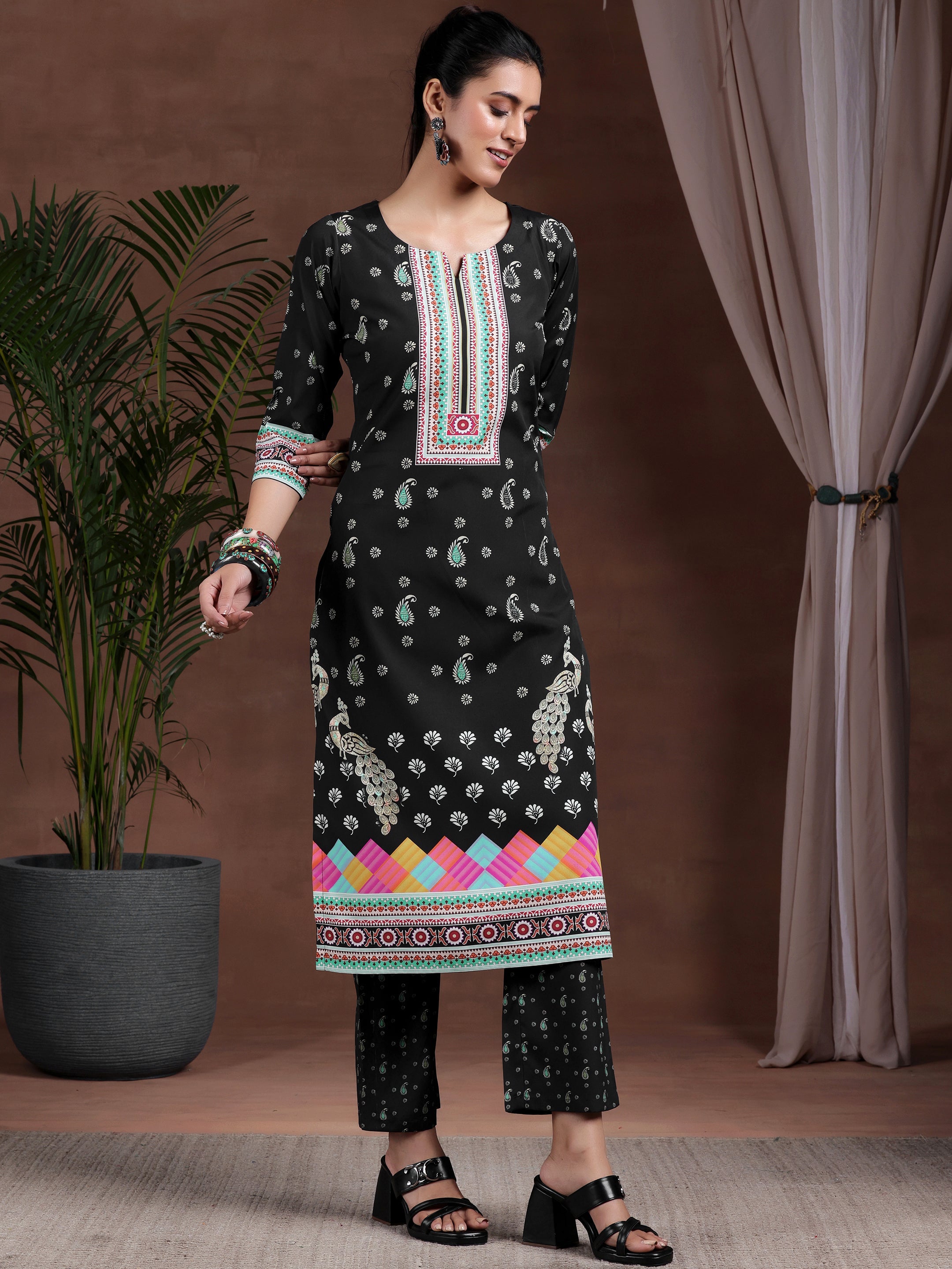Libas Black Printed Poly Crepe Straight Suit With Dupatta - view 2