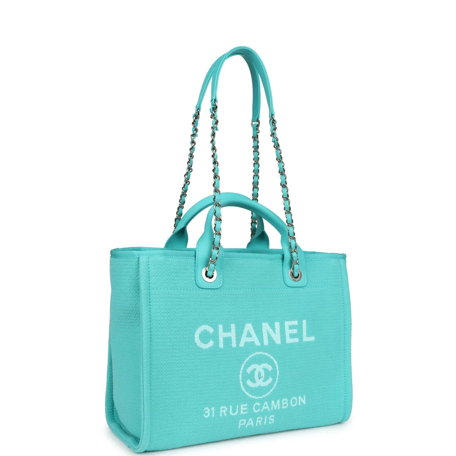 Cop Underdog Chanel Small Deauville Shopping Bag Turquoise Canvas Light Gold Hardware - view 2