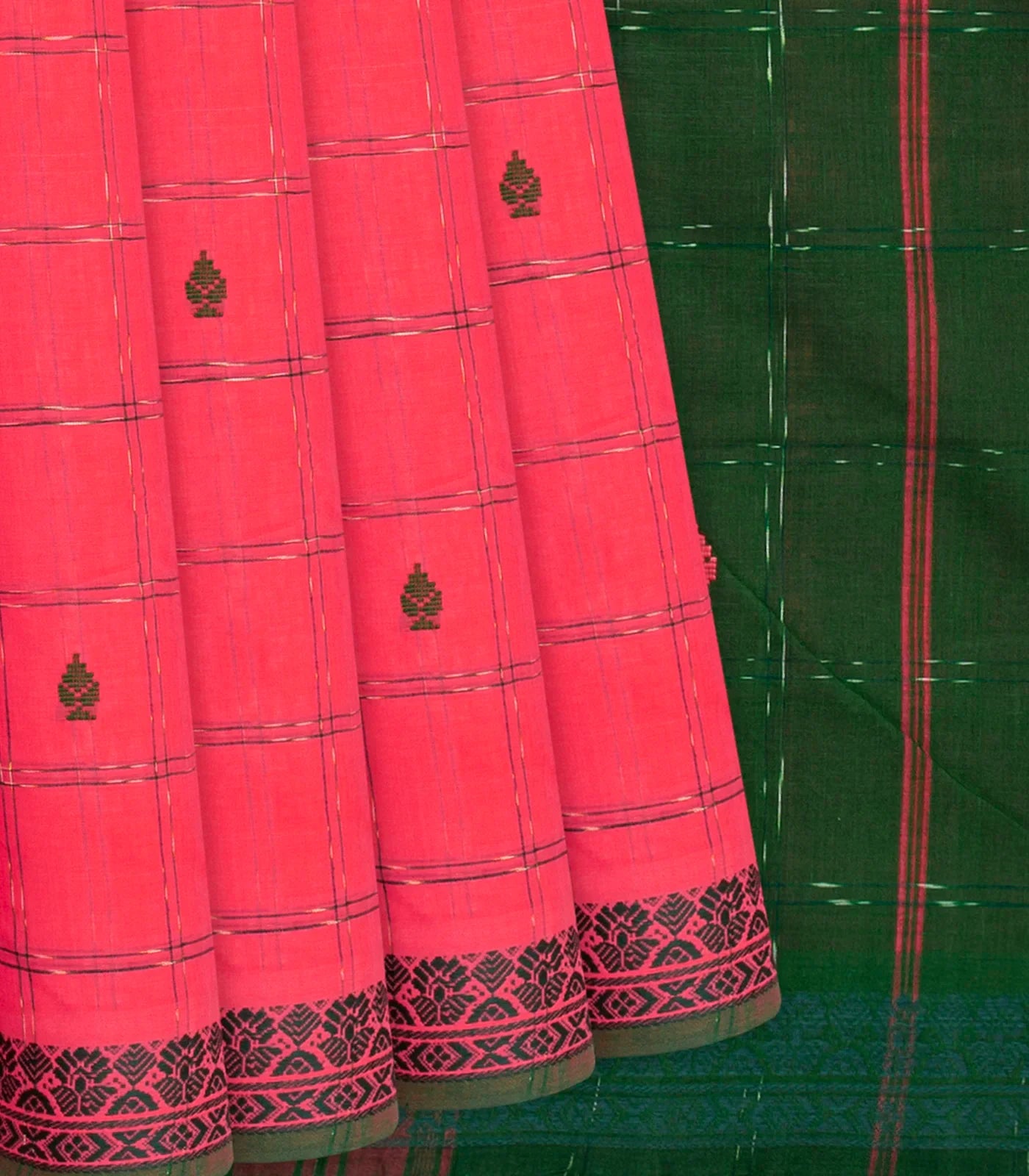 RmKV Dark Peach Handloom Kadapa Cotton Saree With Checks And Butta-Dark Peach