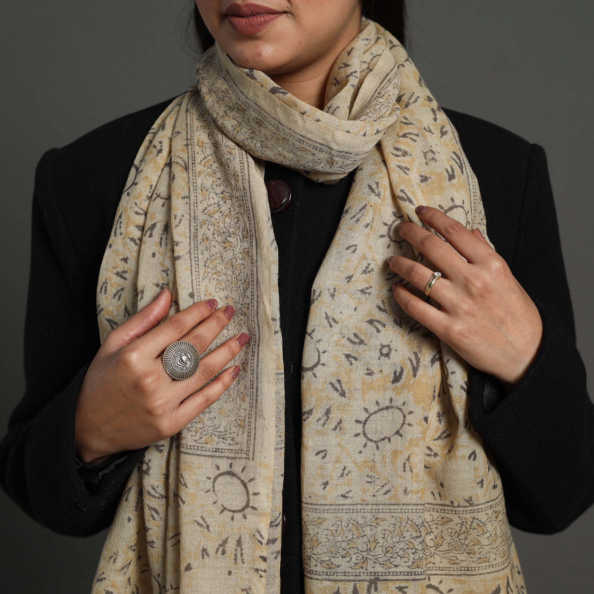 PITCHUKA SRINIVAS KALAMKARI PEDANA Beige - Block Print Pedana Kalamkari Wool Stole 29 - view 3